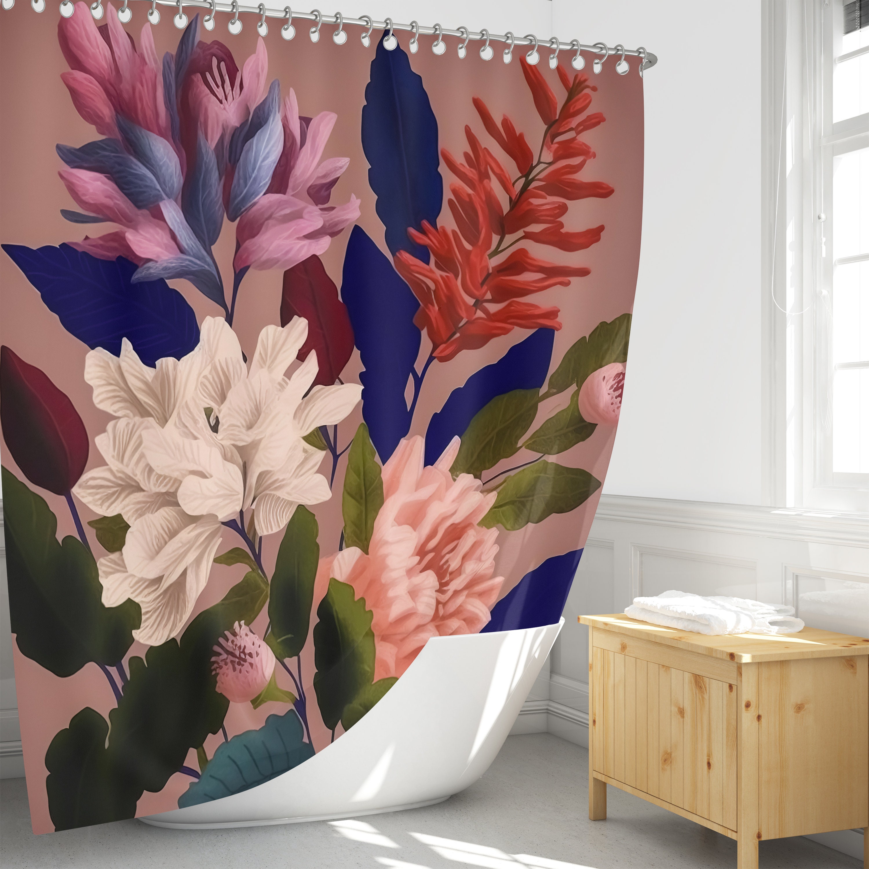 Late Summer Floral Shower Curtain - Vibrant Fabric Bath Curtain with Optional Towels and Mat for Bold Bathroom Decor - Image 2