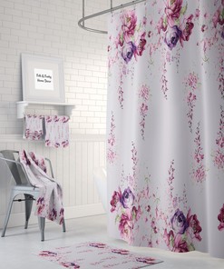 Lavender Floral Shower Curtain - Beautiful Fabric Bath Curtain with Matching Mat and Towels for Lavender Bathroom Decor