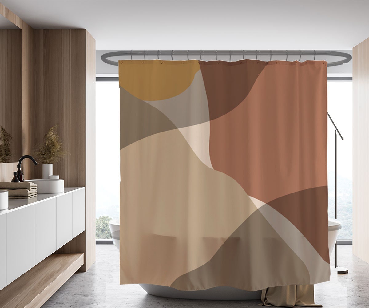 Light Brown Beige Color Blocks Shower Curtain, Customized Waterproof & Washable Bathroom Accessory - Image 2
