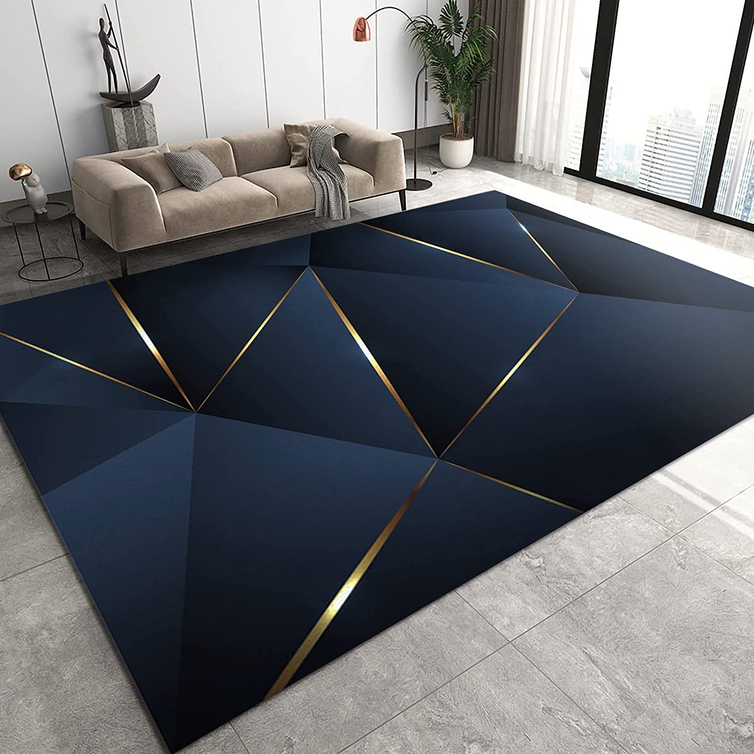 Light Luxury Blue Gold Triangular Geometric Area Rug with Non-Slip Backing for Modern Home Decor - Image 2