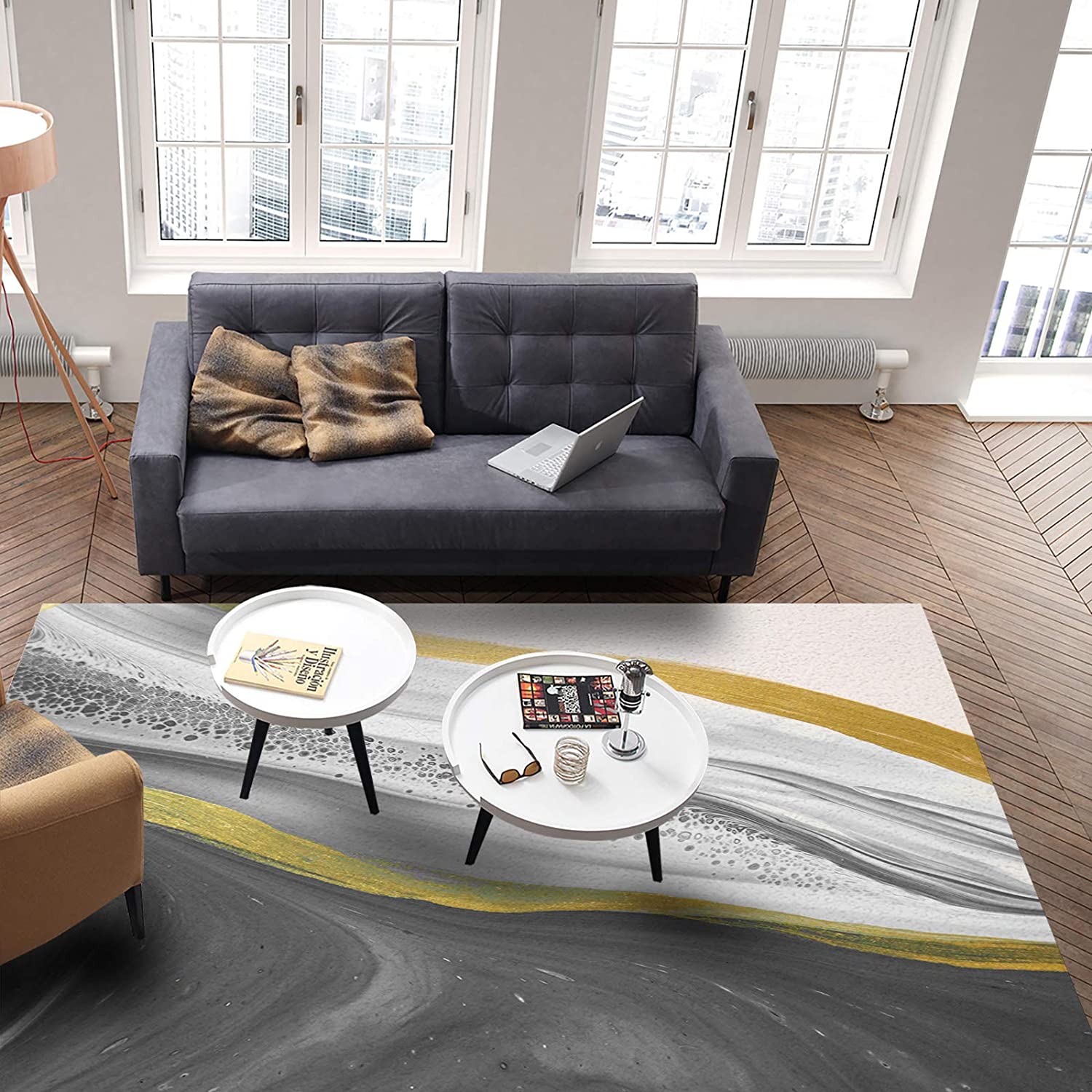 Light Luxury Grey Gold White Marble Texture Area Rug with 70s Retro Pattern for Living Room or Bedroom