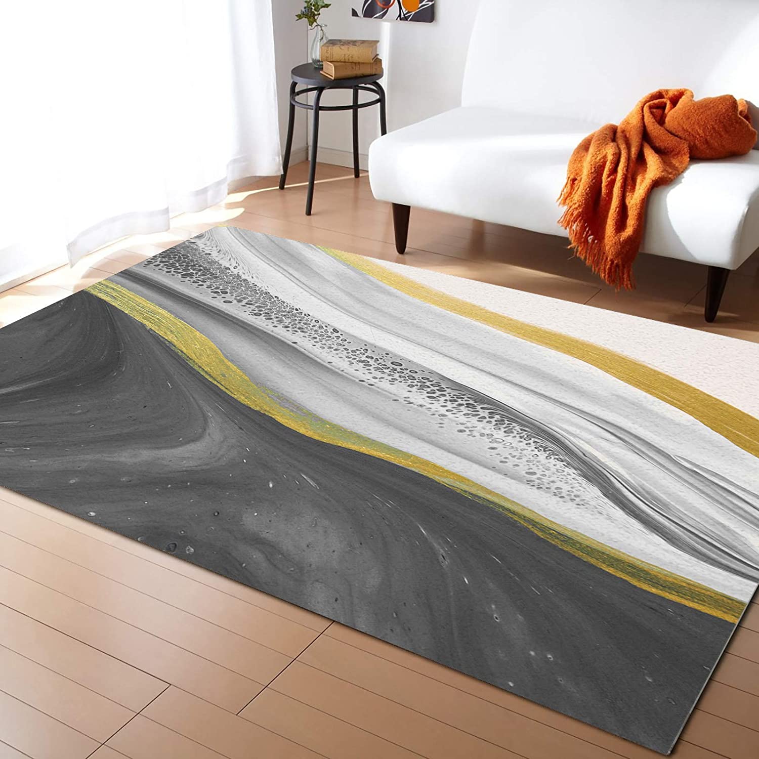 Light Luxury Grey Gold White Marble Texture Area Rug with 70s Retro Pattern for Living Room or Bedroom - Image 2