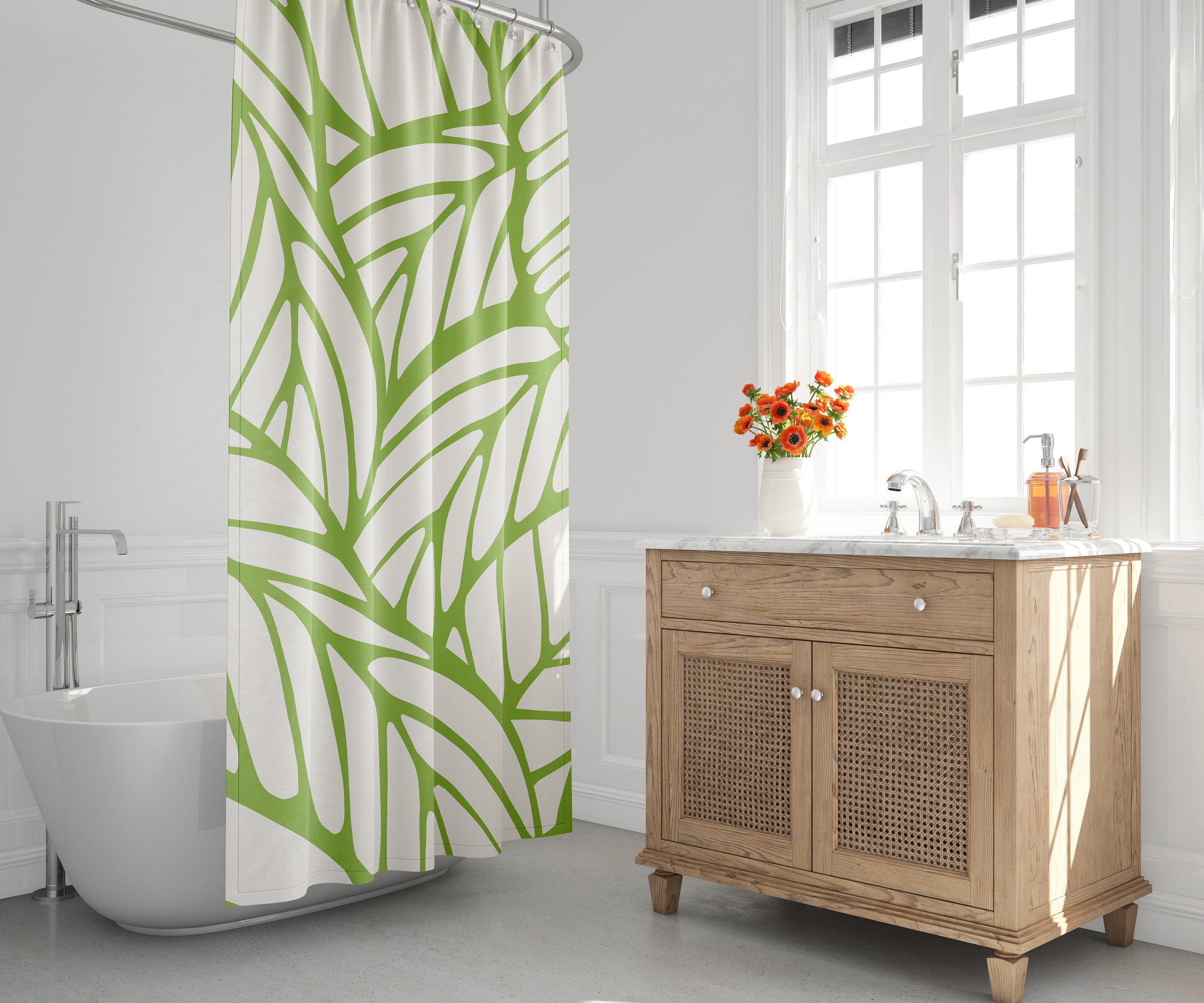 Lime Green Botanical and Tropical Leaf Shower Curtain - Minimalist Abstract Design for Spring - Image 2
