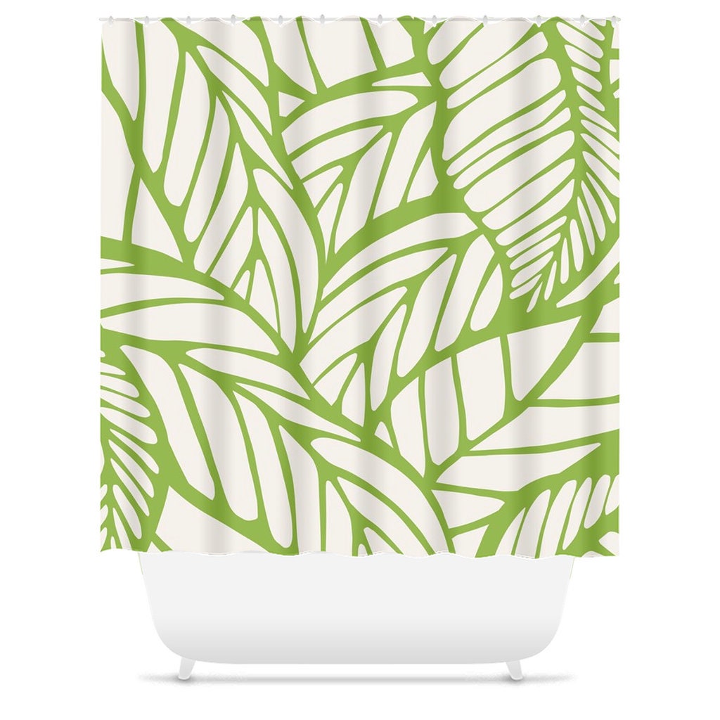 Lime Green Botanical and Tropical Leaf Shower Curtain - Minimalist Abstract Design for Spring - Image 3