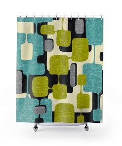 Lime and Teal Green Abstract Mid Century Modern Shower Curtain - Durable Polyester for Retro Atomic Age Bathroom Decor