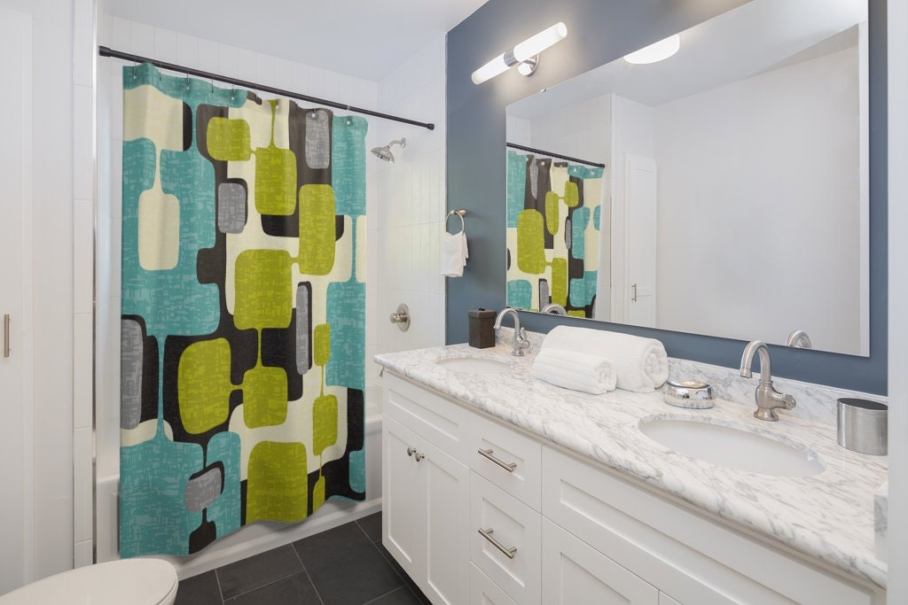 Lime and Teal Green Abstract Mid Century Modern Shower Curtain - Durable Polyester for Retro Atomic Age Bathroom Decor - Image 2