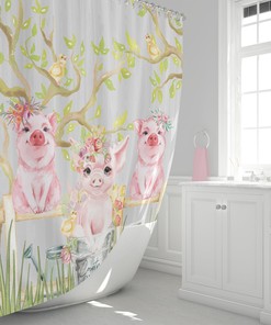 Little Pigs Shower Curtain, Country Chic Bathroom Decor, Farmhouse Bathtub Curtain with Cute Pig Design