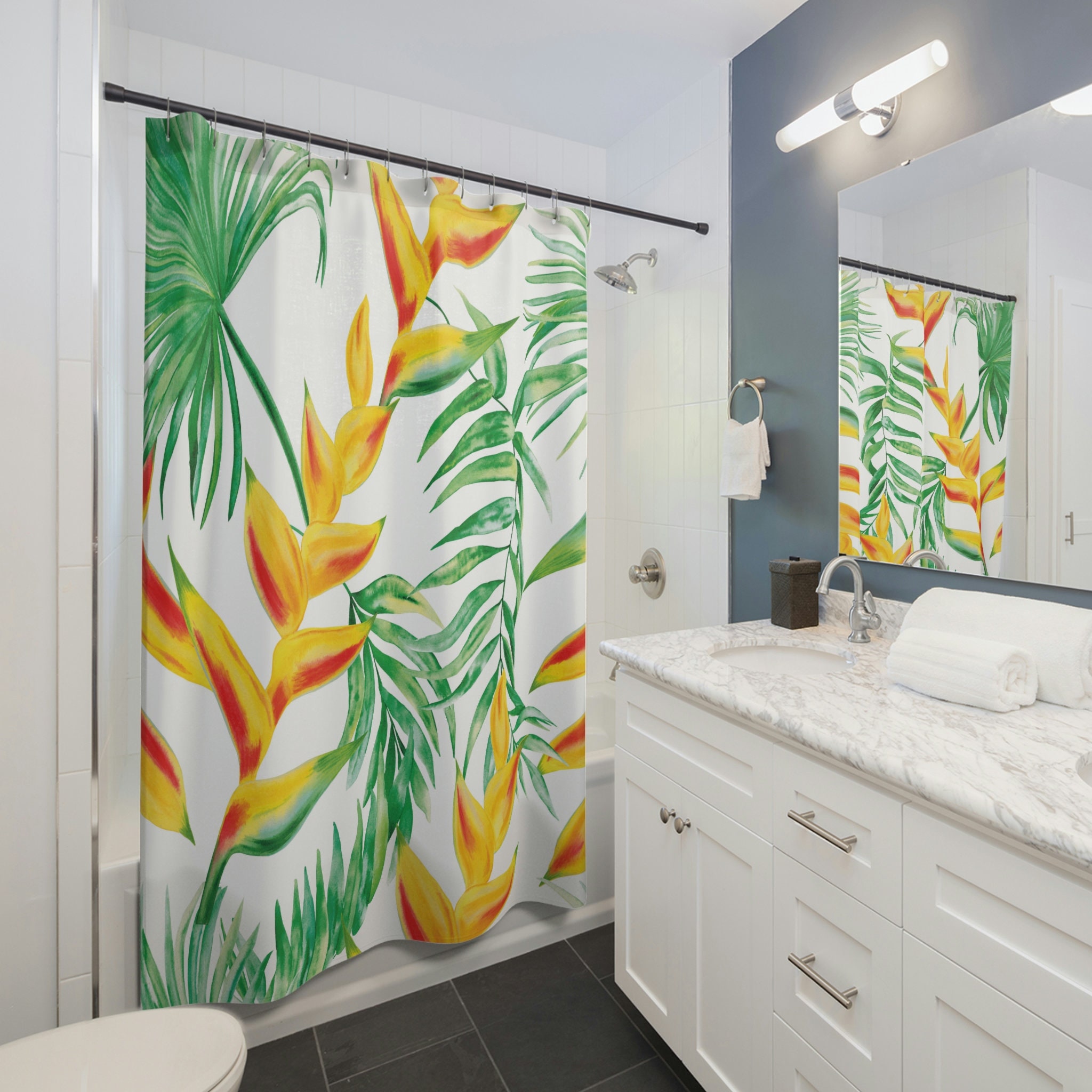 Lobster Claws Tropical Shower Curtain, Exotic Jungle, Tropical Botanical, Bathroom Decor , Bath Curtain