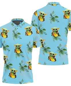 Look and feel amazing with our Breathable Fabric and Seamless Tropical Green Leaves Baby Yoda Hugging Peaches Polo Shirt