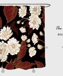 Lovely Flowers Shower Curtain, Noble Retro Black Waterproof & Washable with 12 Hooks