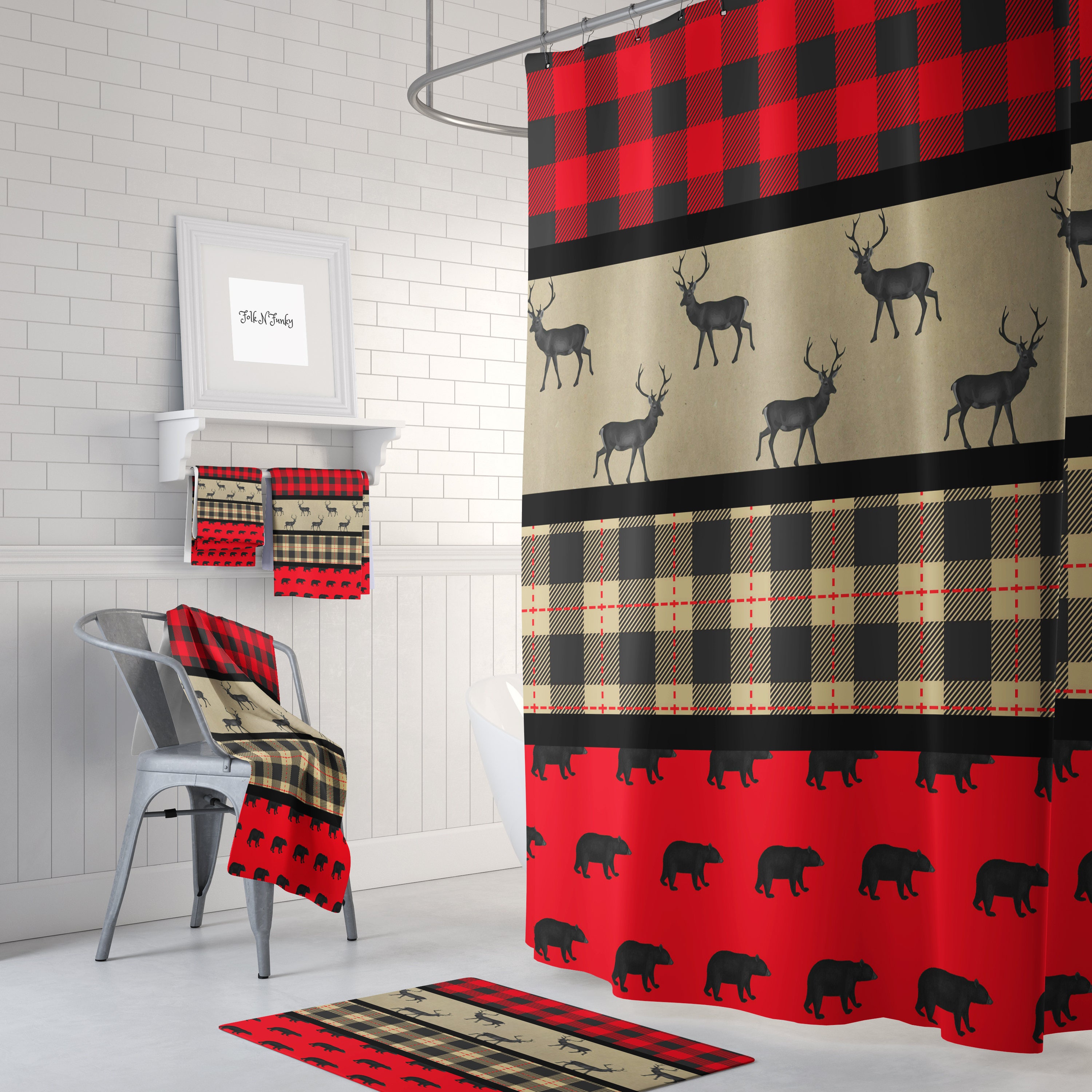 Lumberjack Plaid Shower Curtain, Primitive Woodland Bear Deer Bath Decor with Restroom Shower Curtains