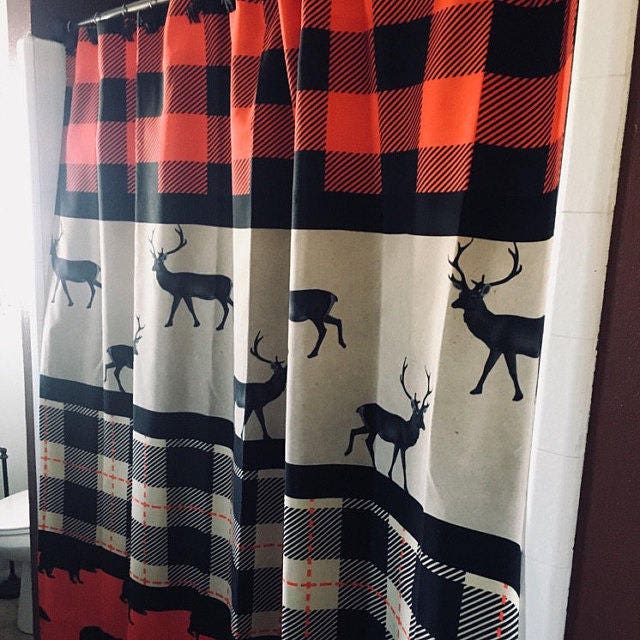 Lumberjack Plaid Shower Curtain, Primitive Woodland Bear Deer Bath Decor with Restroom Shower Curtains - Image 2