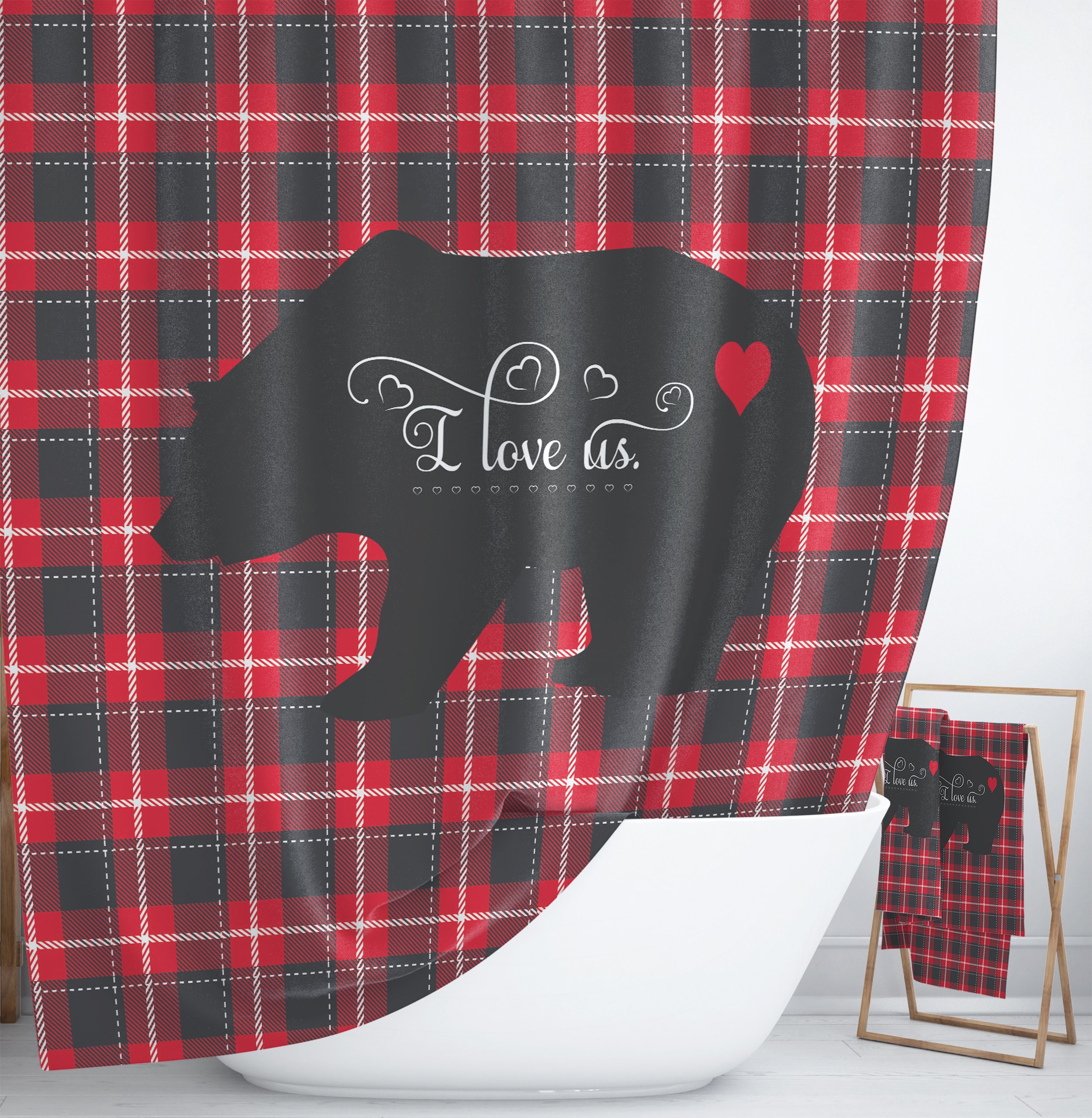 Lumberjack Plaid Woodland Shower Curtain Set with Rustic Bath Set - Image 3
