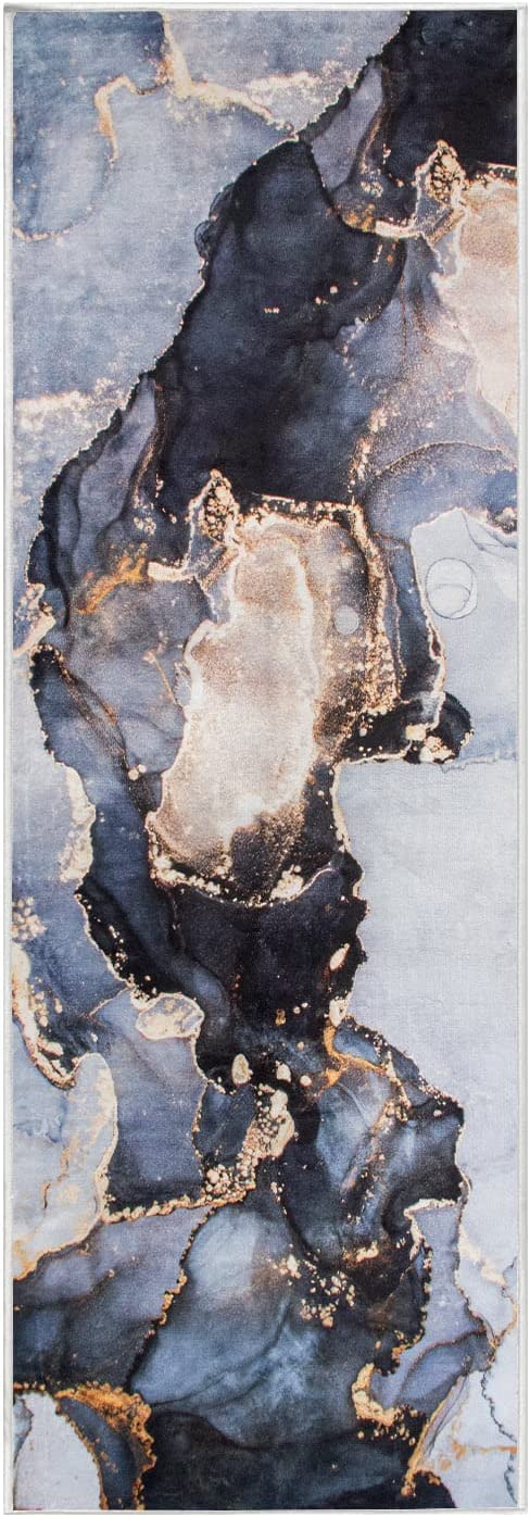 Luxury Modern Abstract Marble Texture Runner Rug for Hallways and Entryways (Blue) with Colorful Area Rug