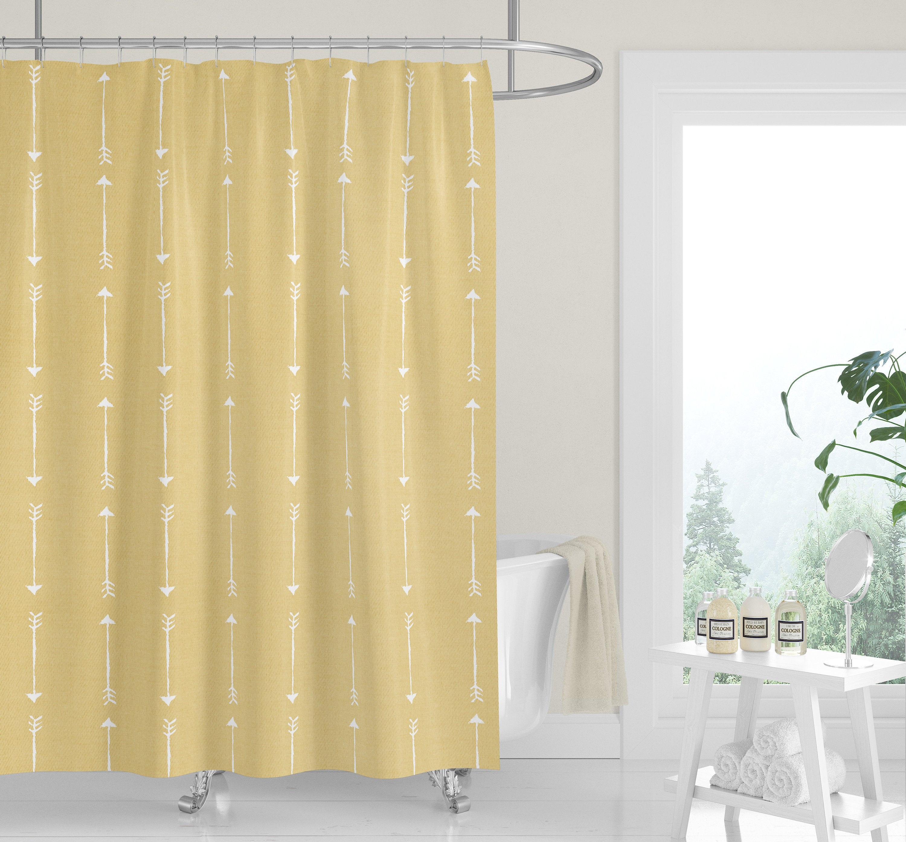 Luxury Premium Fabric SHOWER CURTAIN Sunflower Yellow Washed Denim Print White Arrows Neutral Country Western Bath