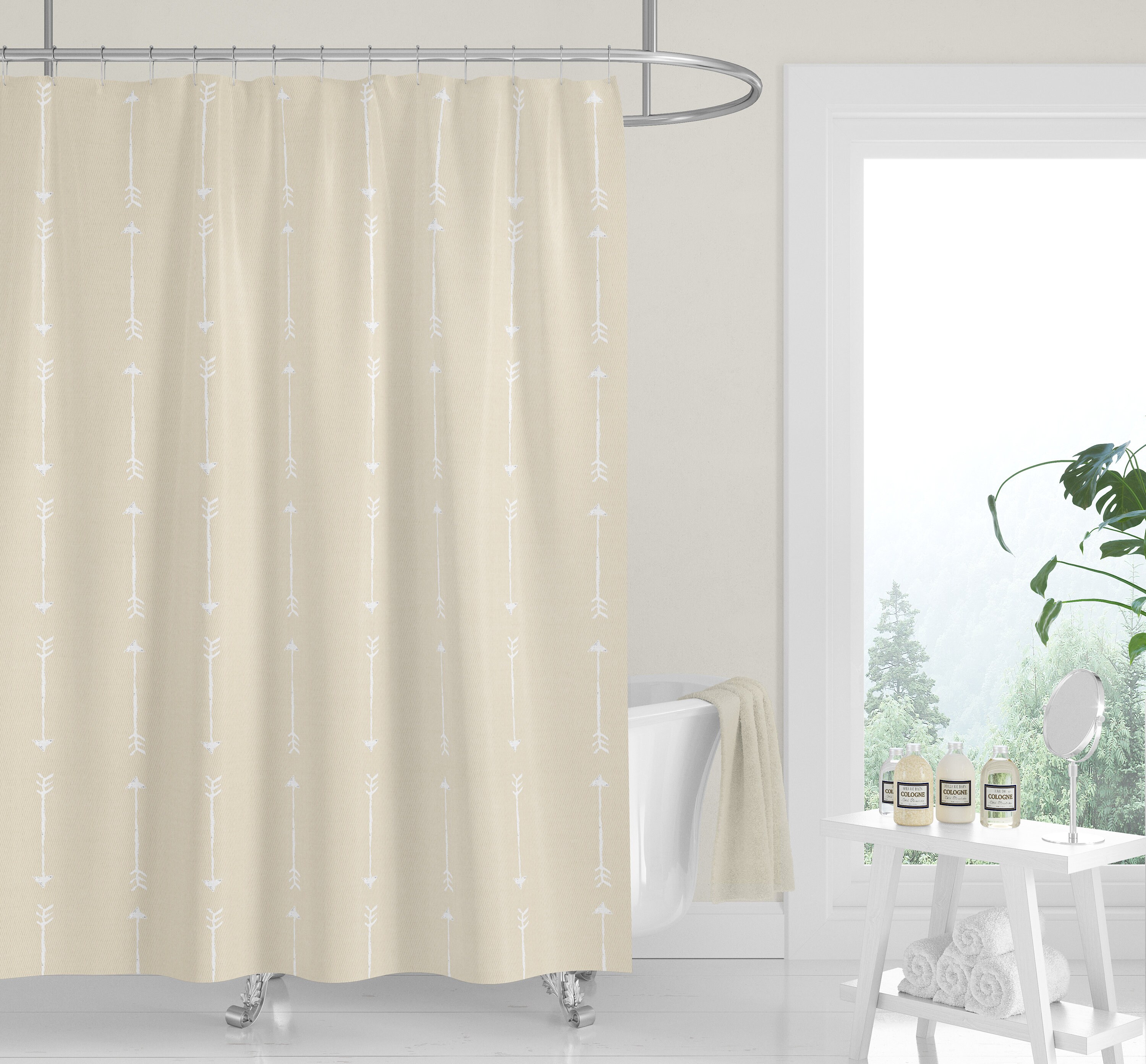 Luxury Premium Fabric SHOWER CURTAIN Sunflower Yellow Washed Denim Print White Arrows Neutral Country Western Bath - Image 2