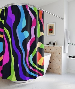 Magic Trippy Waves Strokes Abstract Art Shower Curtain or Mat, Colorful Hippie Contemporary Bathroom Curtain