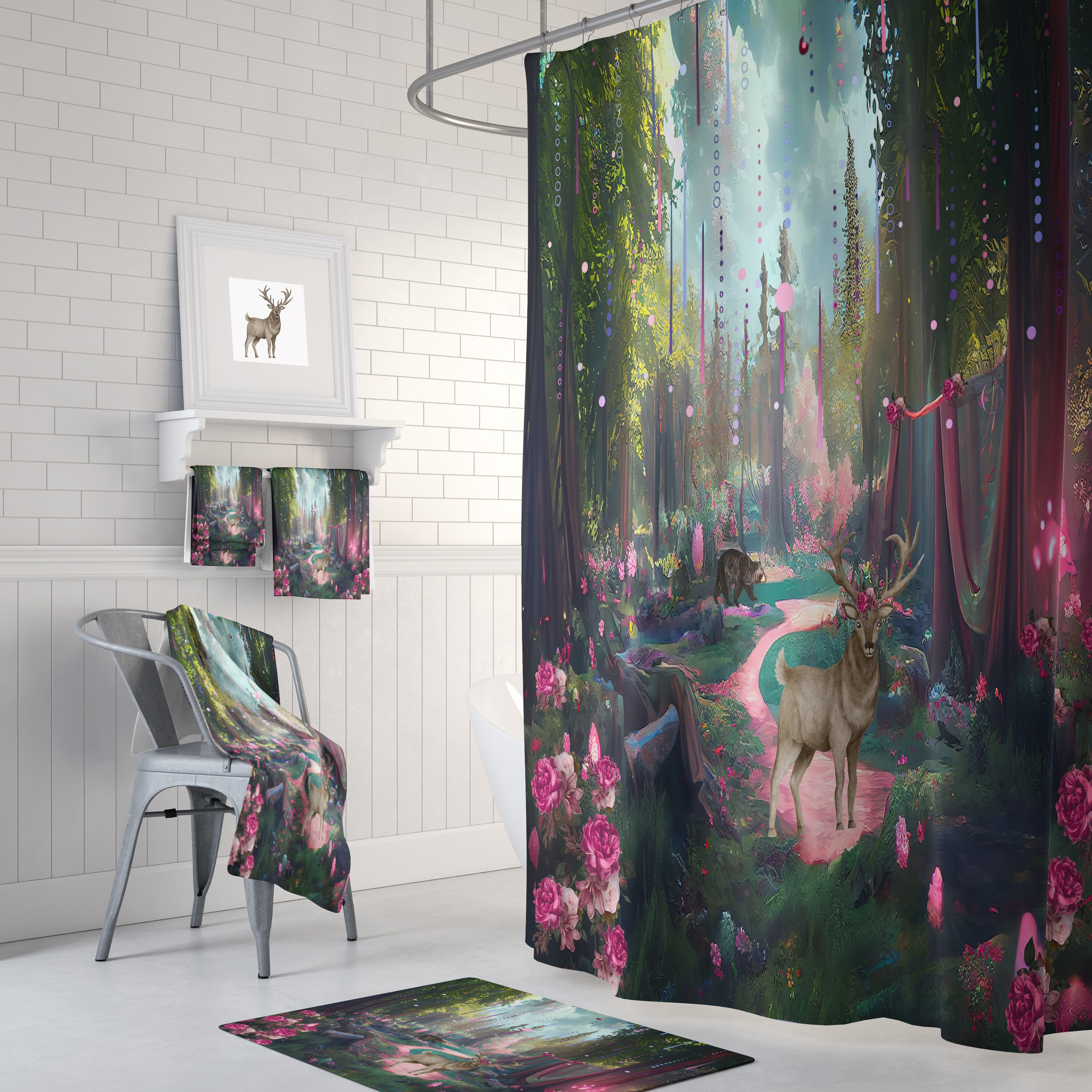 Magical Forest Shower Curtain - Enchanting Bath Curtain with Optional Floral Woodland Accents