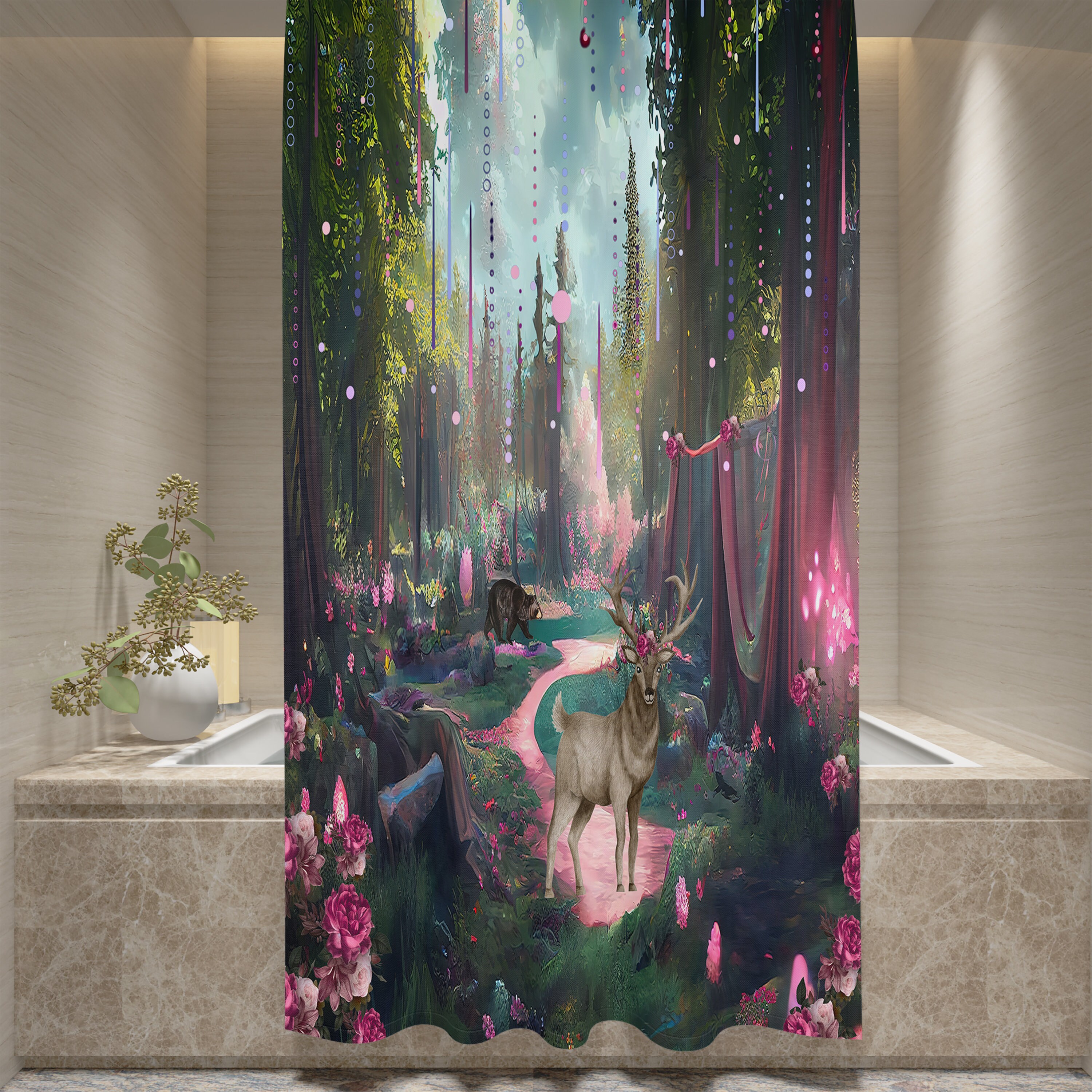 Magical Forest Shower Curtain - Enchanting Bath Curtain with Optional Floral Woodland Accents - Image 2