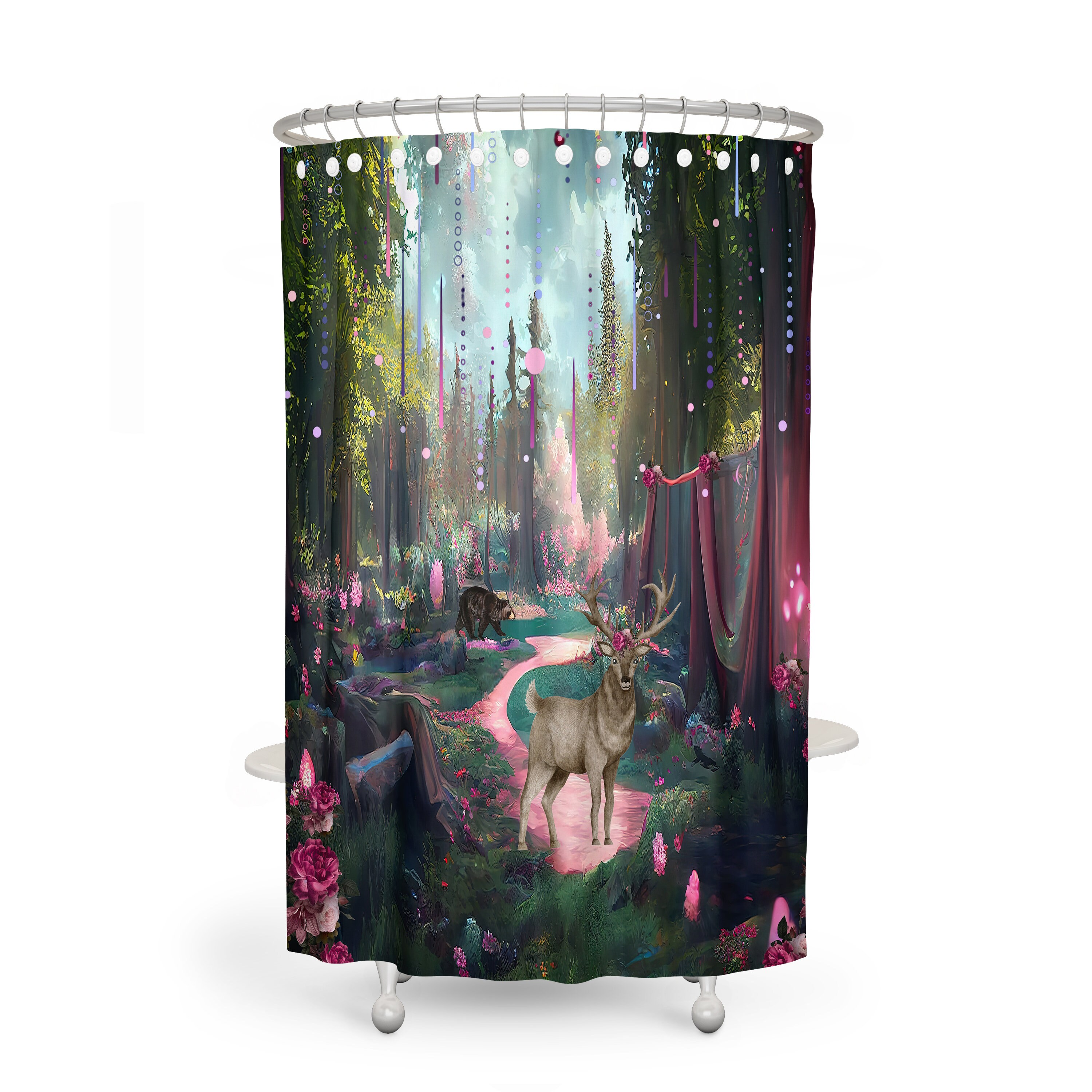 Magical Forest Shower Curtain - Enchanting Bath Curtain with Optional Floral Woodland Accents - Image 3