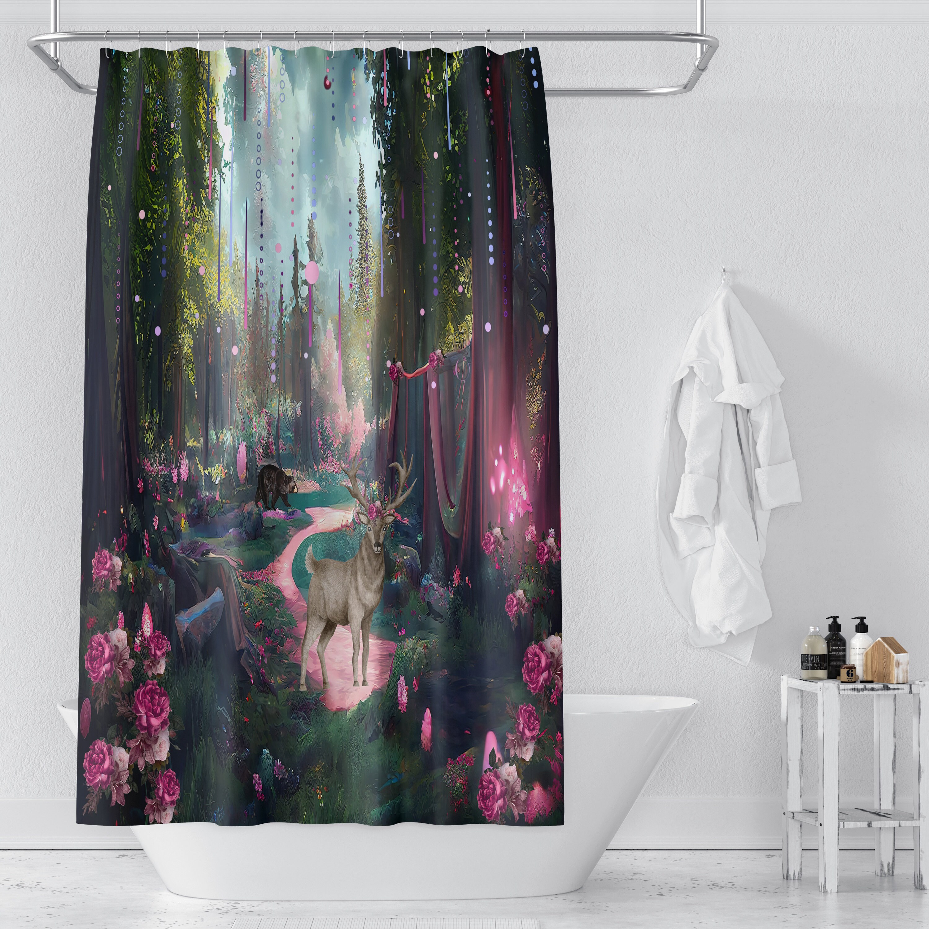 Magical Forest Shower Curtain - Enchanting Bath Curtain with Optional Floral Woodland Accents - Image 4