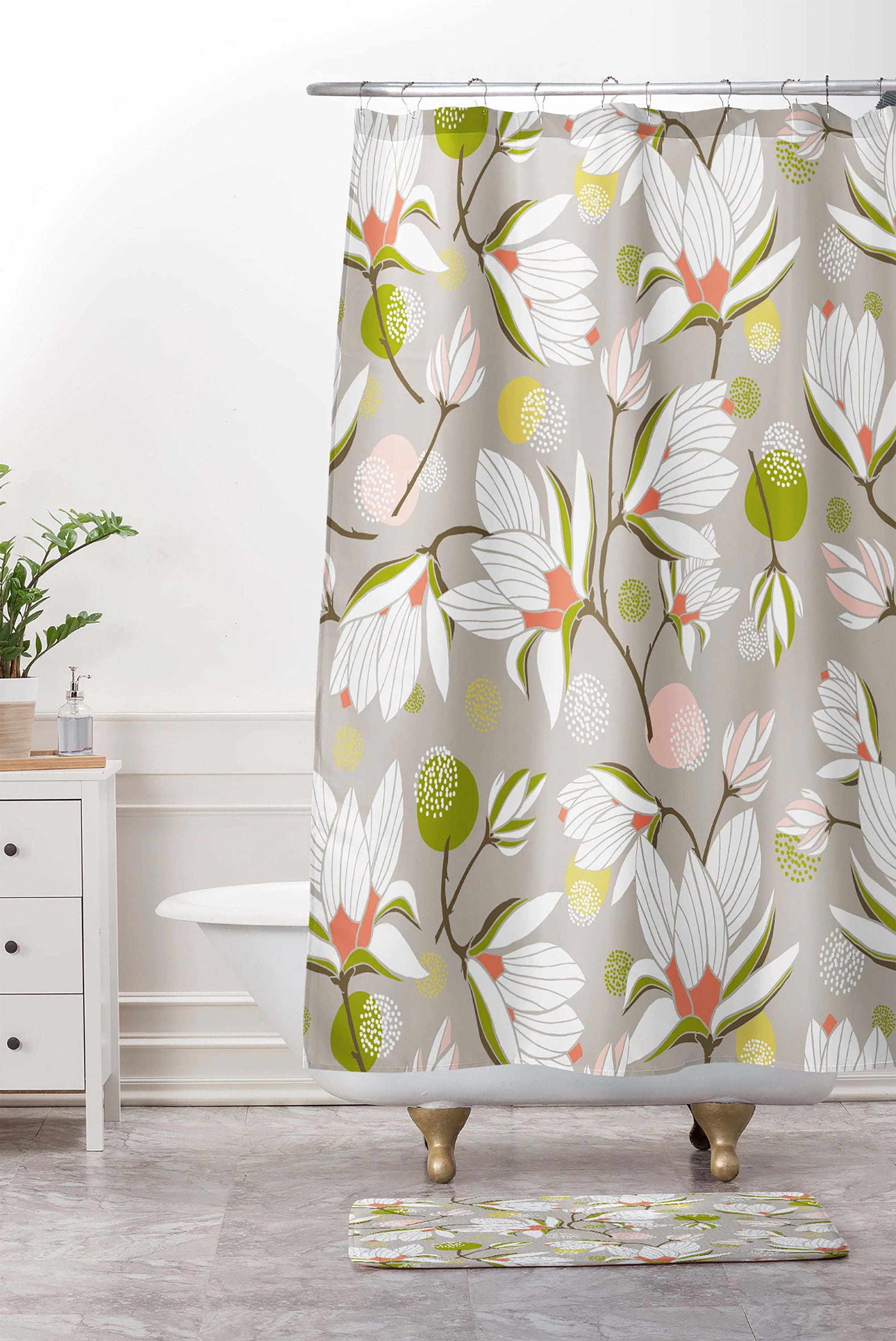 Magnolia Blossom Beige Shower Curtain | Fabric Bathroom Curtain | Floral Print | Home Decor | Bathroom Decor