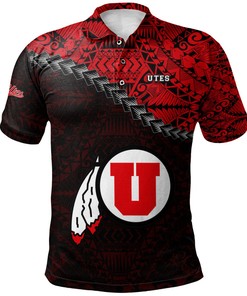 Make a Statement with the NCAA Utah Utes Black and Red Polynesian Grunge Polo Shirt with Breathable Fabric