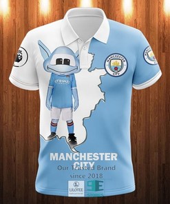 Manchester City White Blue Moonchester Polo Shirt with Unique Logo Design