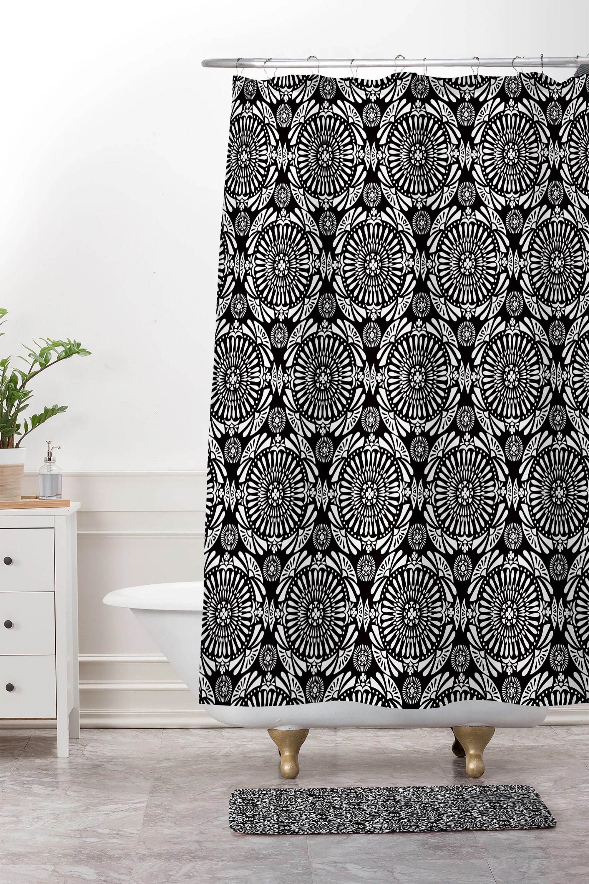 Mandala Black and White Boho Bath Curtain / Geometric Shower Curtain / Modern Bathroom Decor