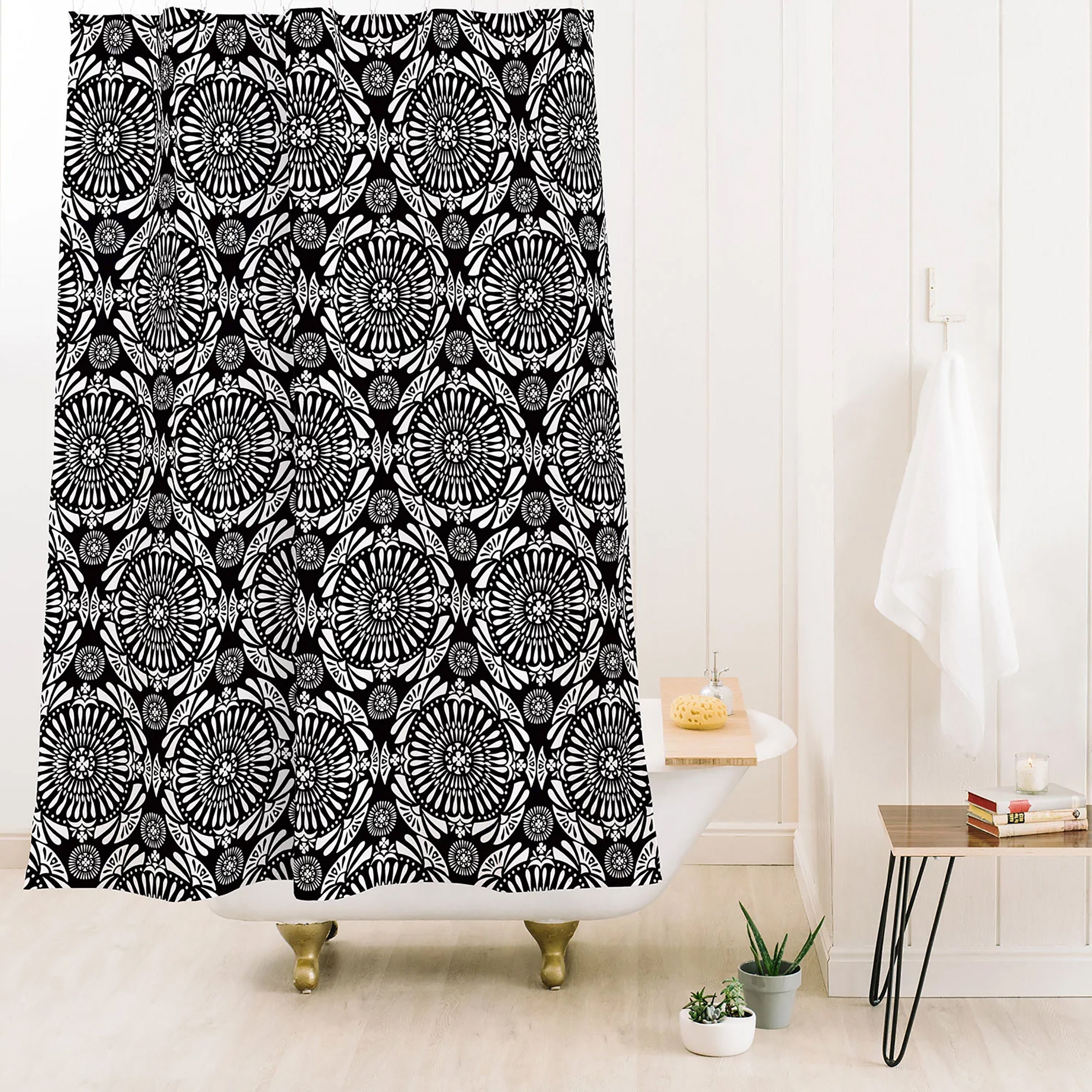 Mandala Black and White Boho Bath Curtain / Geometric Shower Curtain / Modern Bathroom Decor - Image 3
