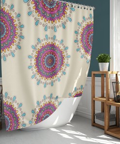 Mandala Floral Shower Curtain | Purple Geometric Line Flowers | Fabric Bathroom Curtain Set