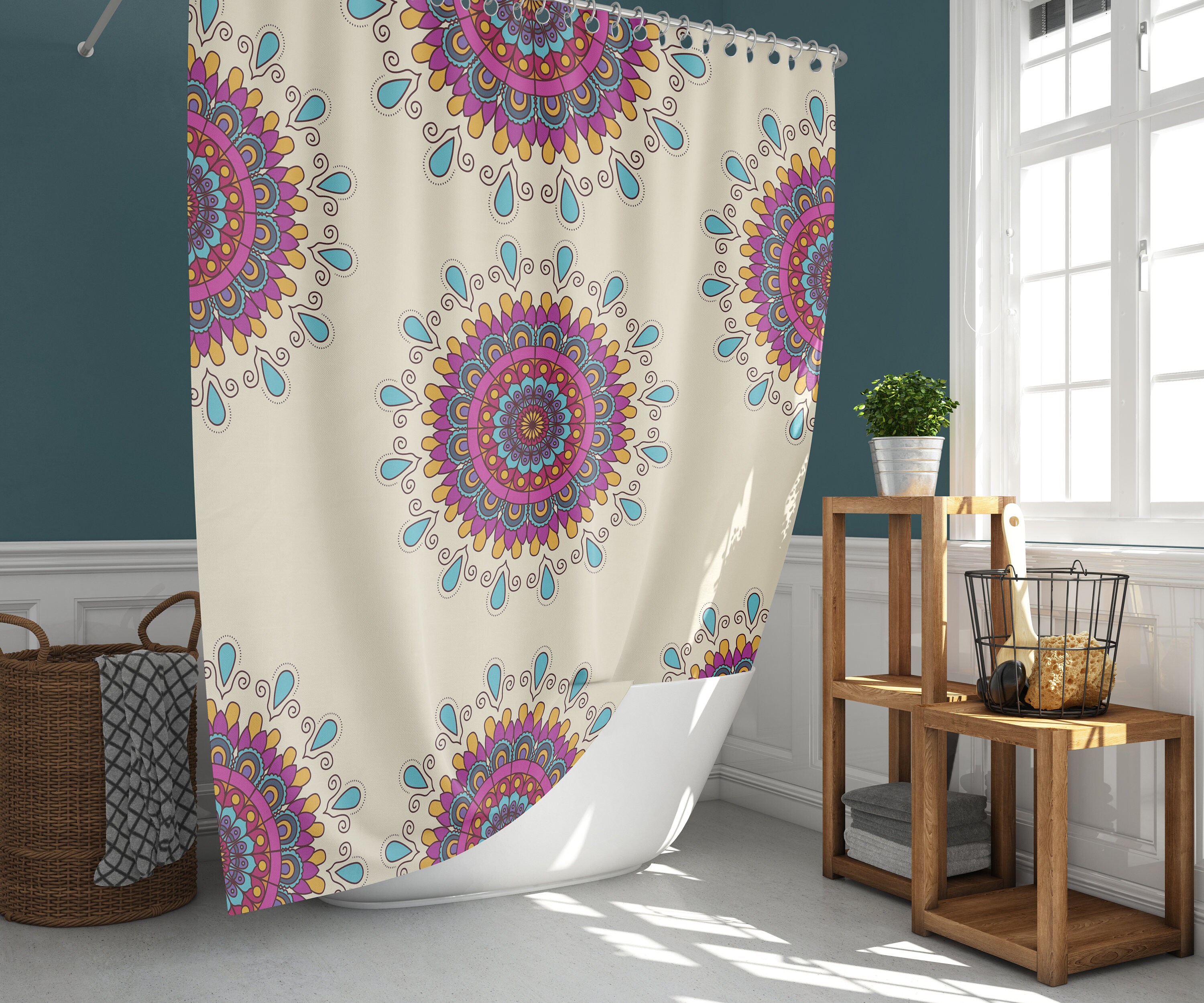 Mandala Floral Shower Curtain | Purple Geometric Line Flowers | Fabric Bathroom Curtain Set