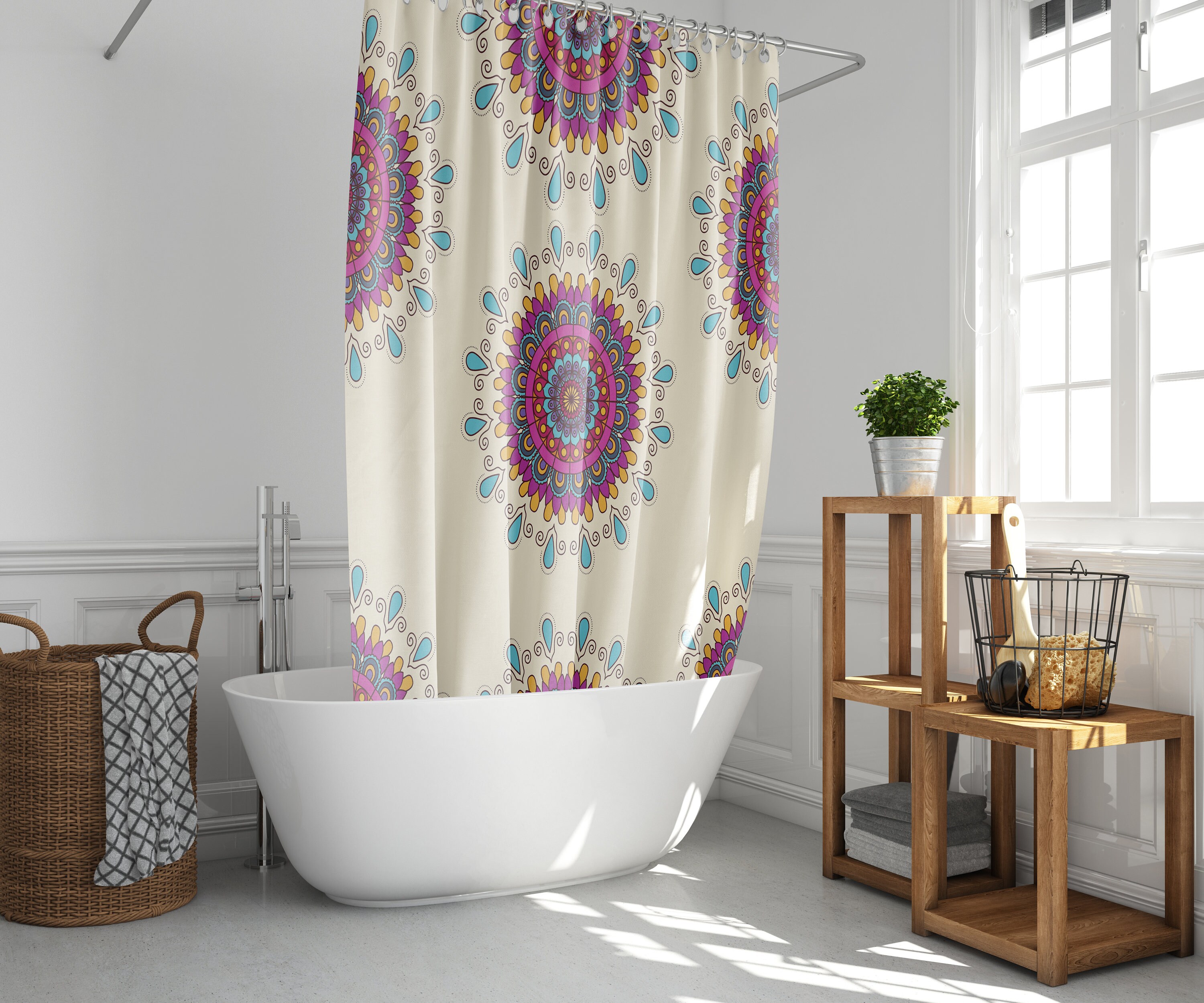 Mandala Floral Shower Curtain | Purple Geometric Line Flowers | Fabric Bathroom Curtain Set - Image 2