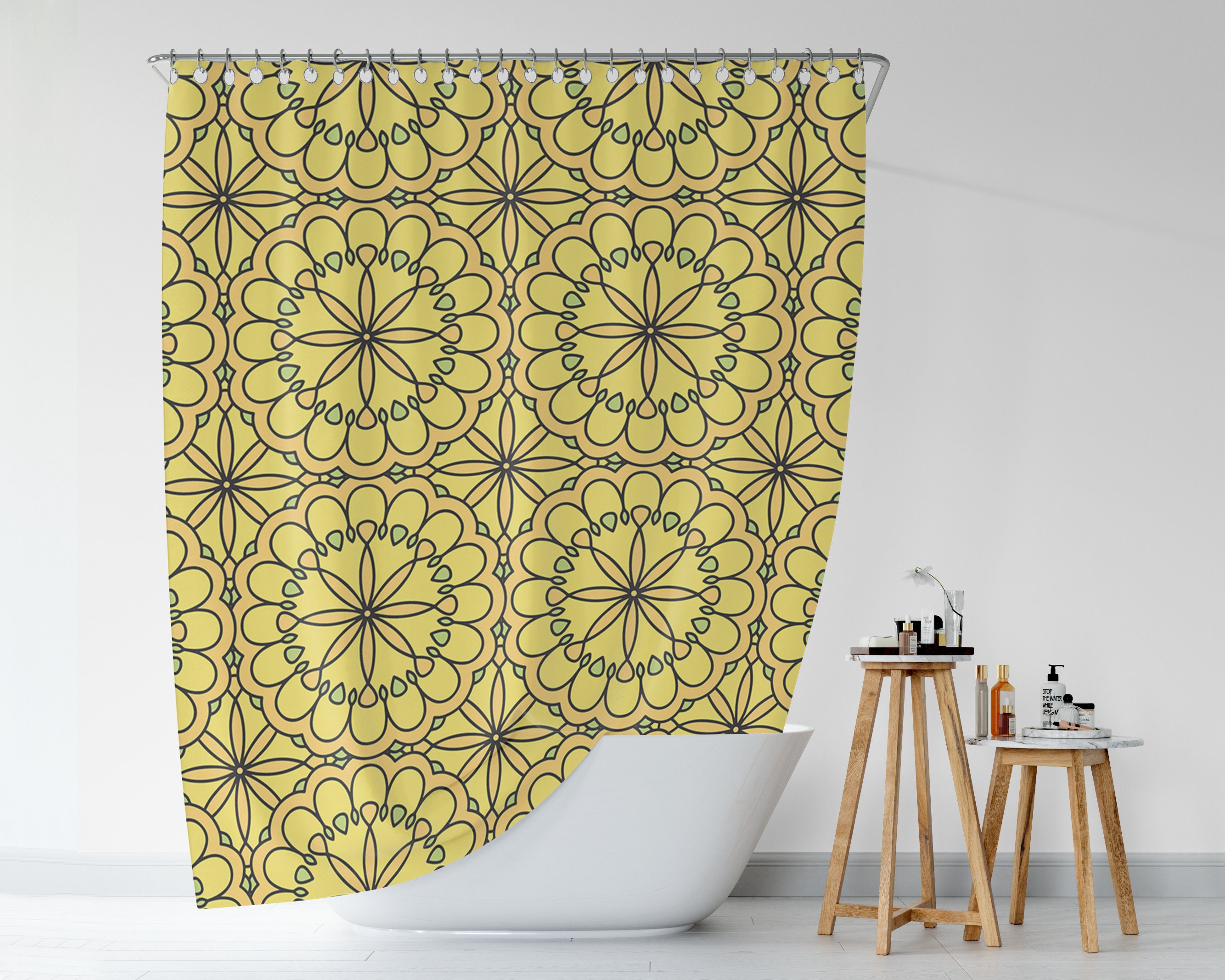 Mandala Yellow Boho Shower Curtain / Oriental Bath Curtain / Eclectic Bathroom Decor / New Home Gift