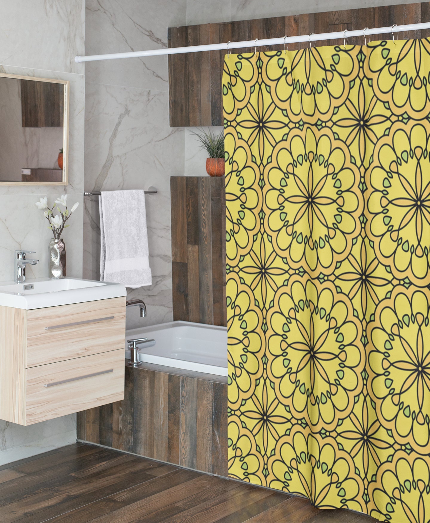 Mandala Yellow Boho Shower Curtain / Oriental Bath Curtain / Eclectic Bathroom Decor / New Home Gift - Image 4