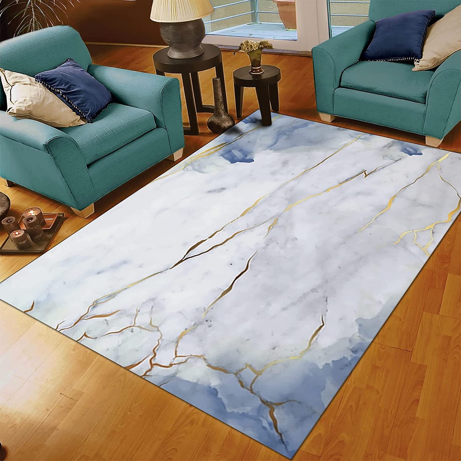 Marble Textured and Gold Lines Art Deco Rug with Retro Inspiration for Living Room or Bedroom