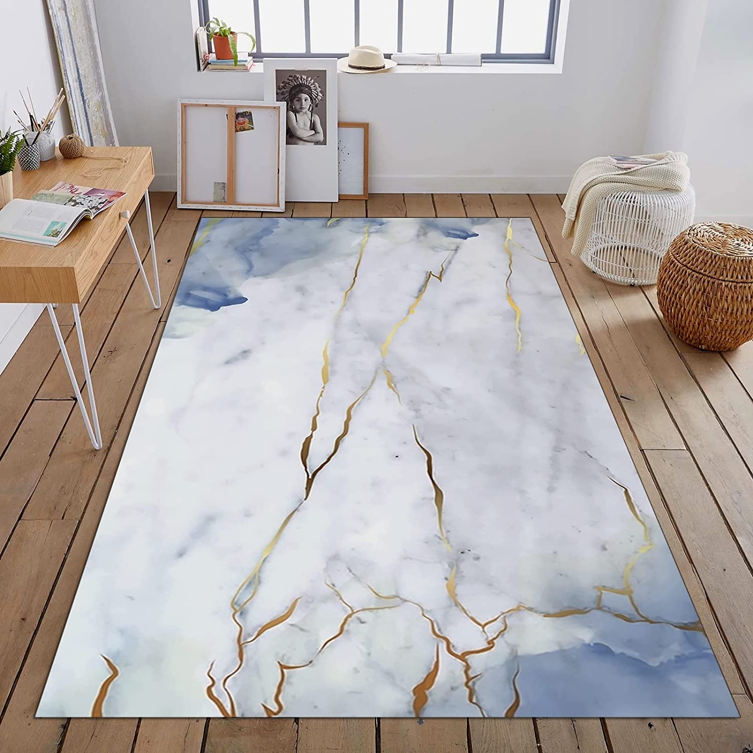 Marble Textured and Gold Lines Art Deco Rug with Retro Inspiration for Living Room or Bedroom - Image 2