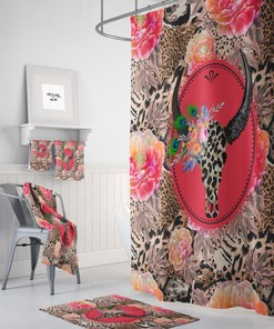 Maximalist Boho Shower Curtain with Leopard Floral Bull Skull Design, and Optional Bathroom Set
