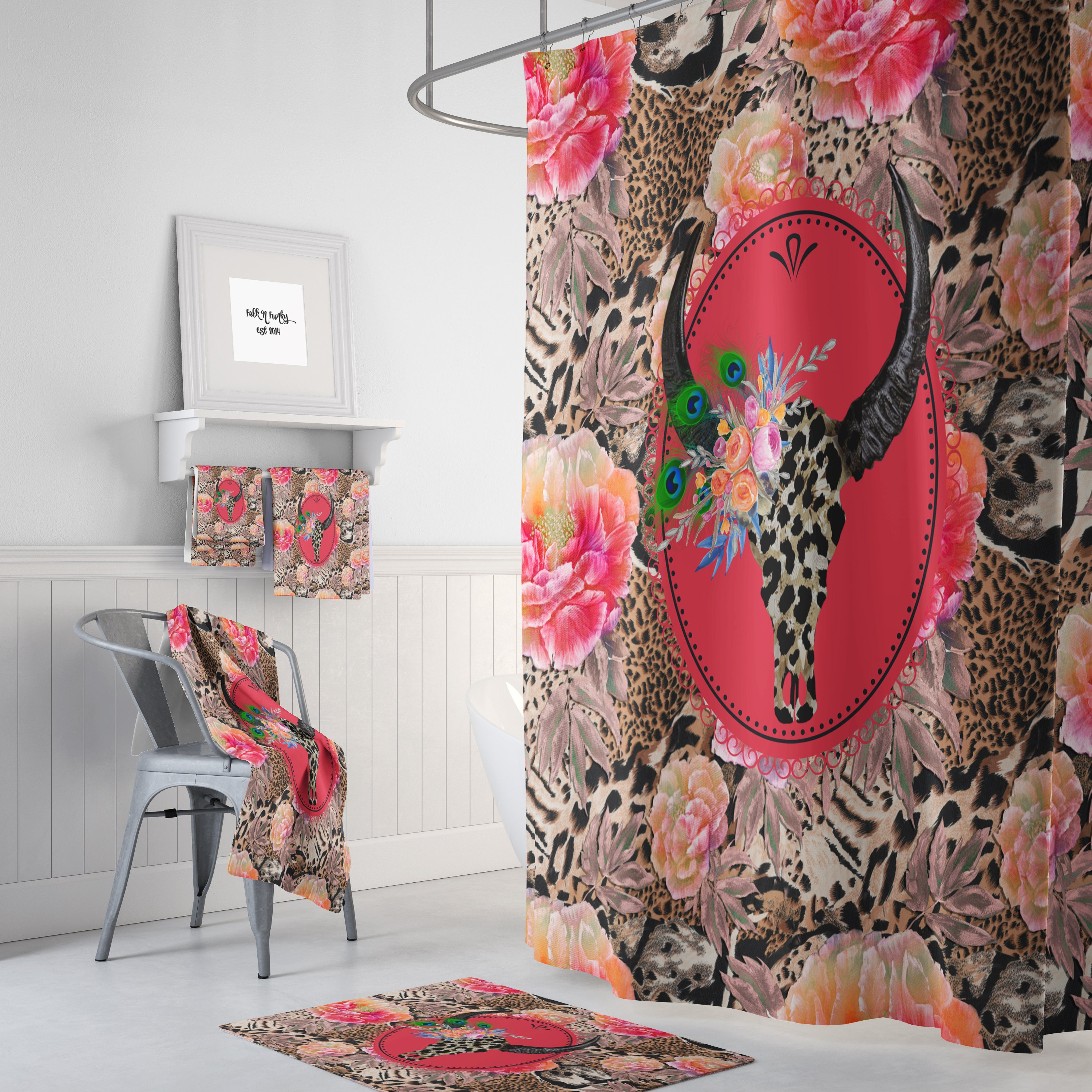 Maximalist Boho Shower Curtain with Leopard Floral Bull Skull Design, and Optional Bathroom Set