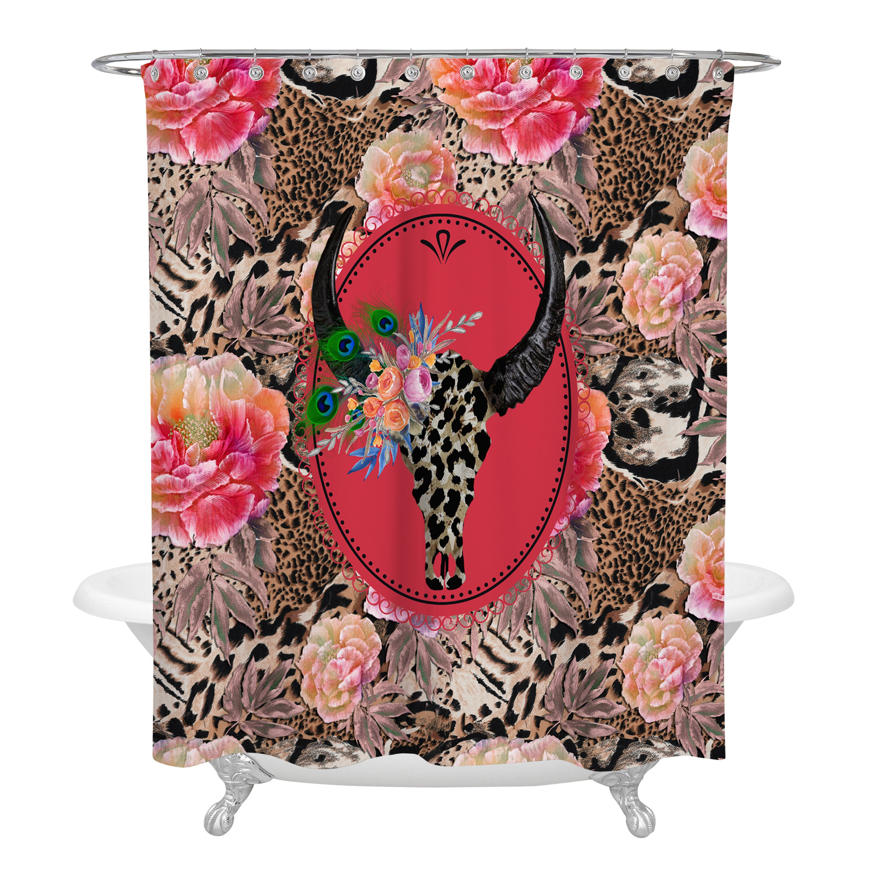Maximalist Boho Shower Curtain with Leopard Floral Bull Skull Design, and Optional Bathroom Set - Image 2