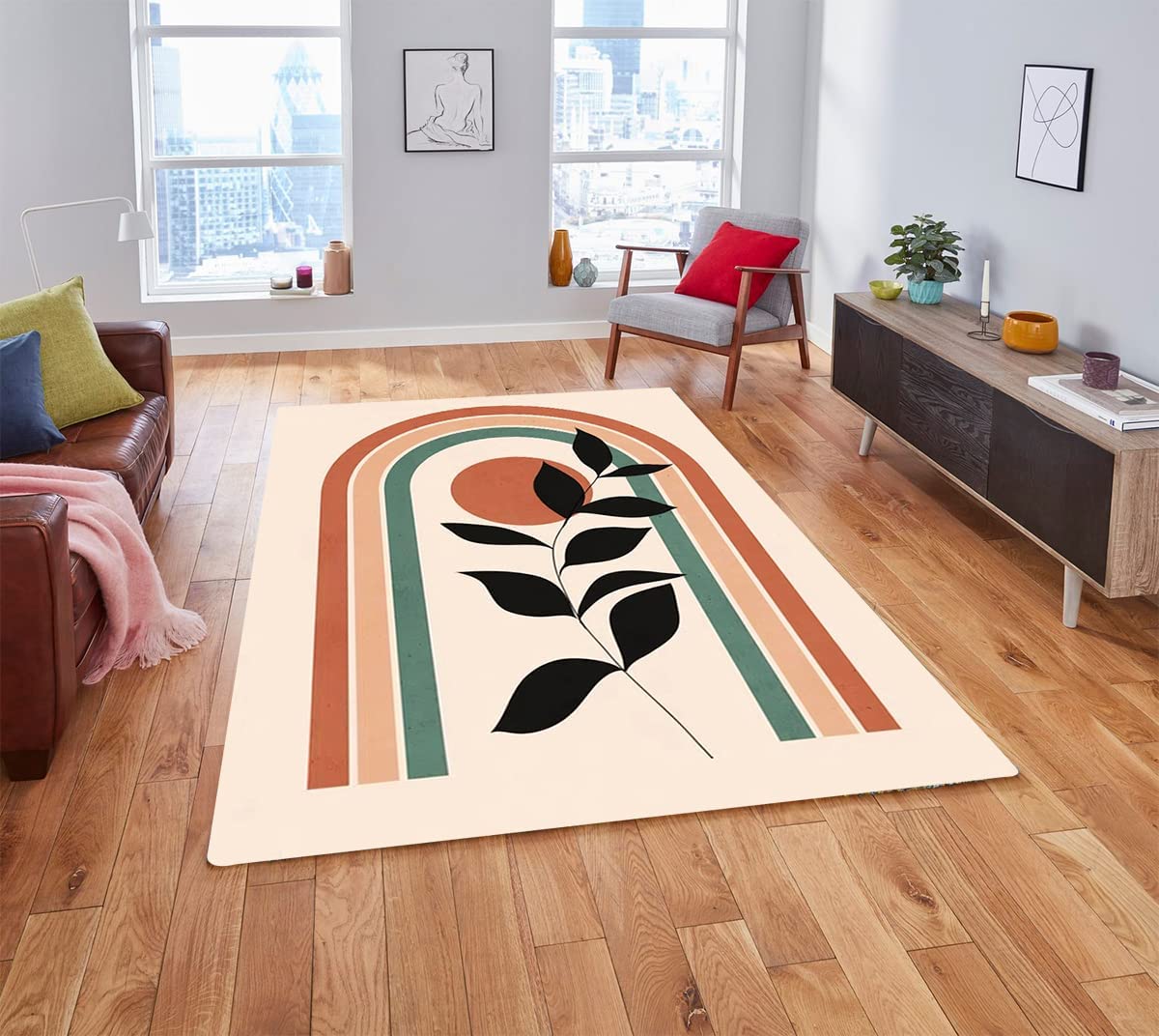 MeganJDesigns Mid-Century Minimalist Wool Soft Washable Area Rug - Terracotta Lines Floral Pattern with Floor Rugs - Image 2