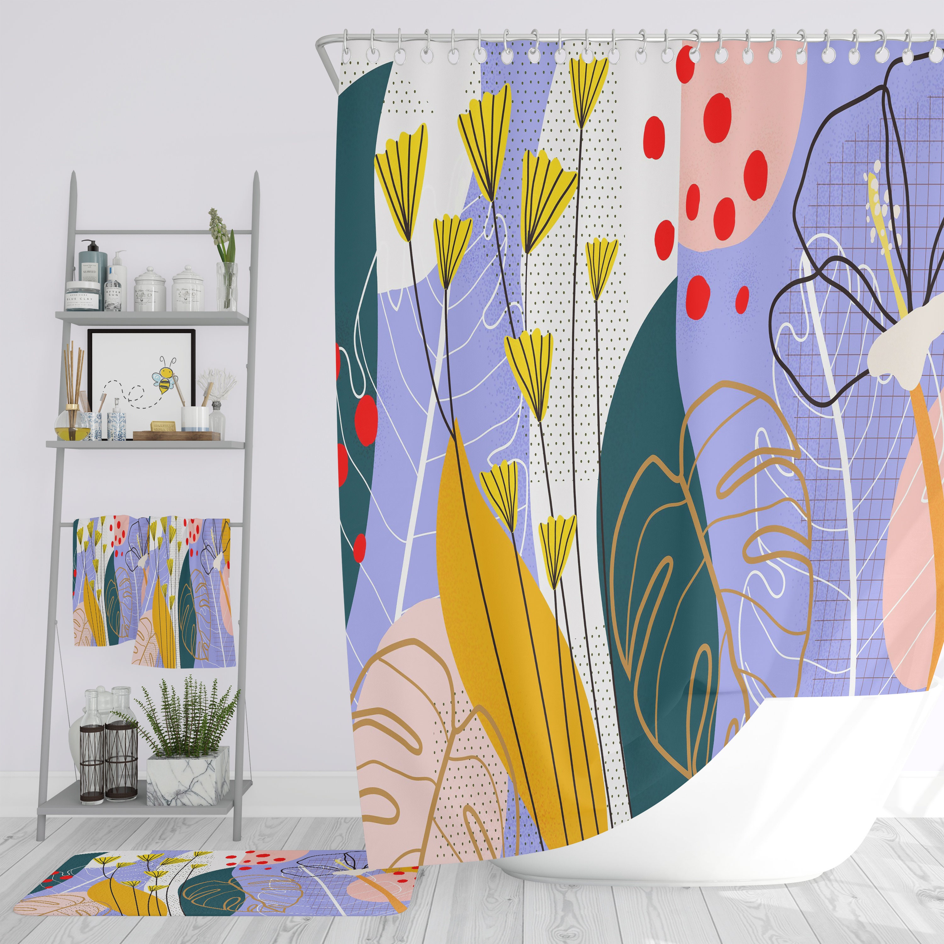Memphis Abstract Shower Curtain with Optional Bath Towels and Mat for Unique and Quirky Bathroom Decor