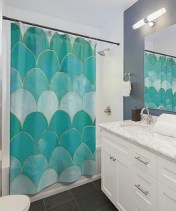 Mermaid Fish Scale Teal and White Shower Curtain, Ocean Theme Shower Curtain, Beach House Bathroom