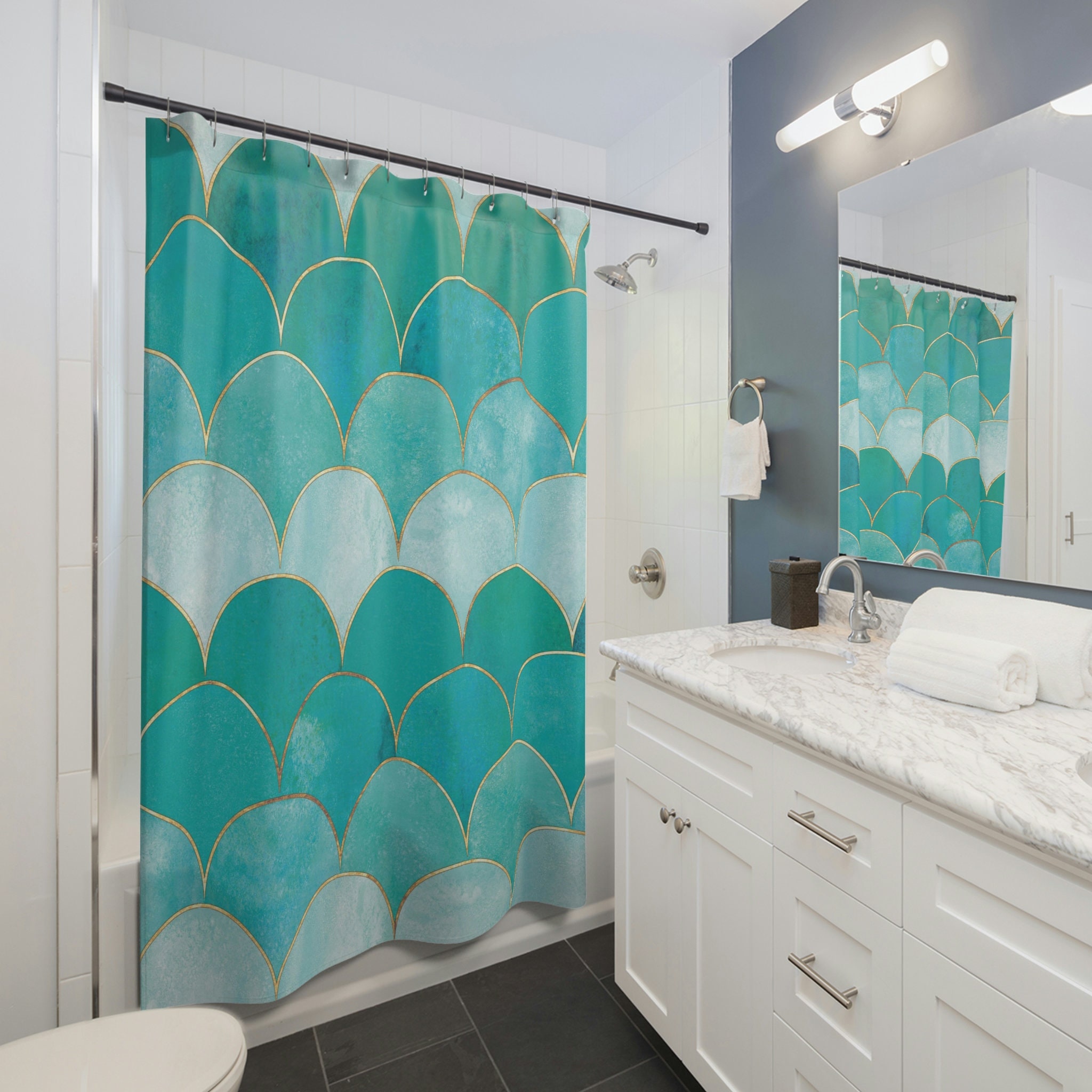 Mermaid Fish Scale Teal and White Shower Curtain, Ocean Theme Shower Curtain, Beach House Bathroom