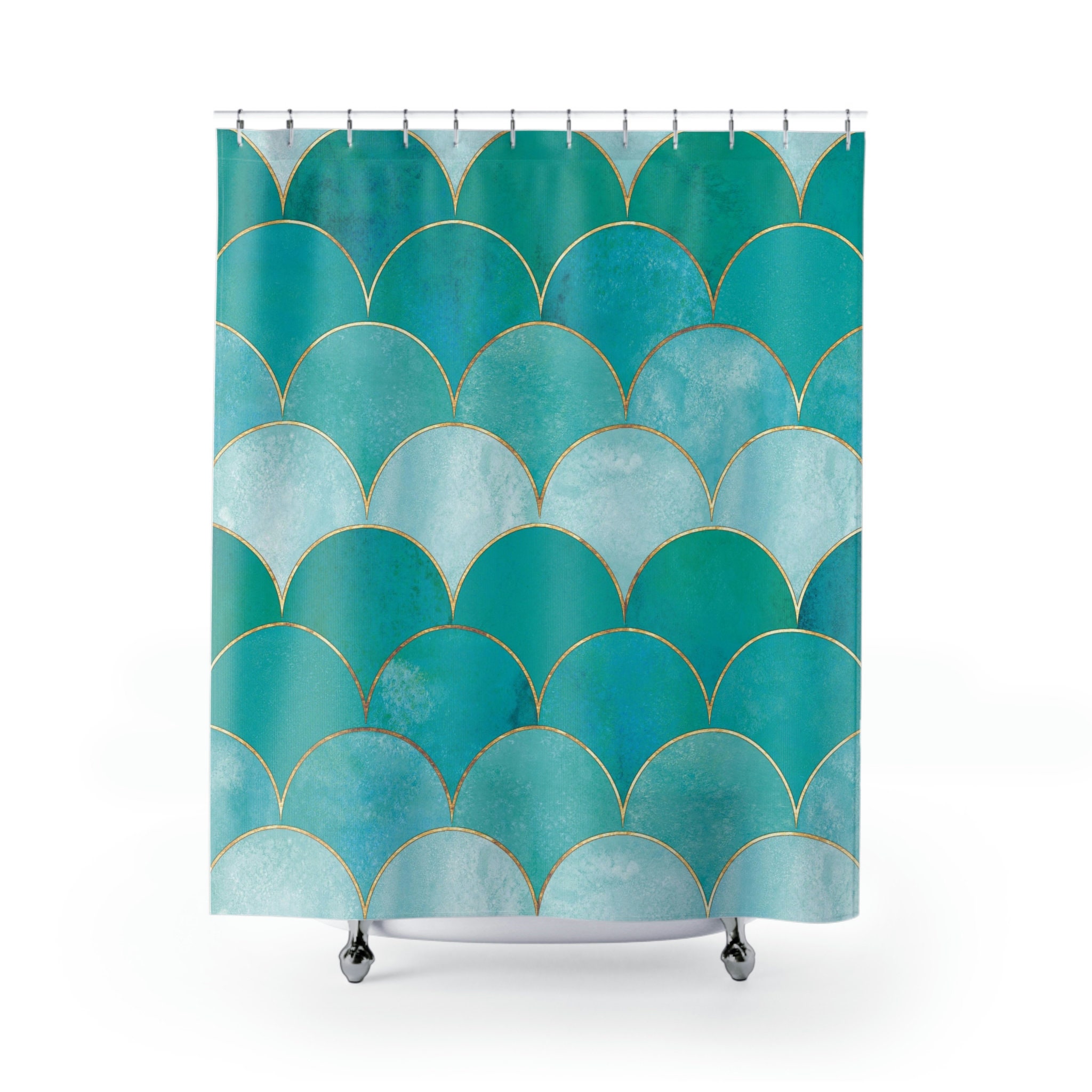 Mermaid Fish Scale Teal and White Shower Curtain, Ocean Theme Shower Curtain, Beach House Bathroom - Image 2