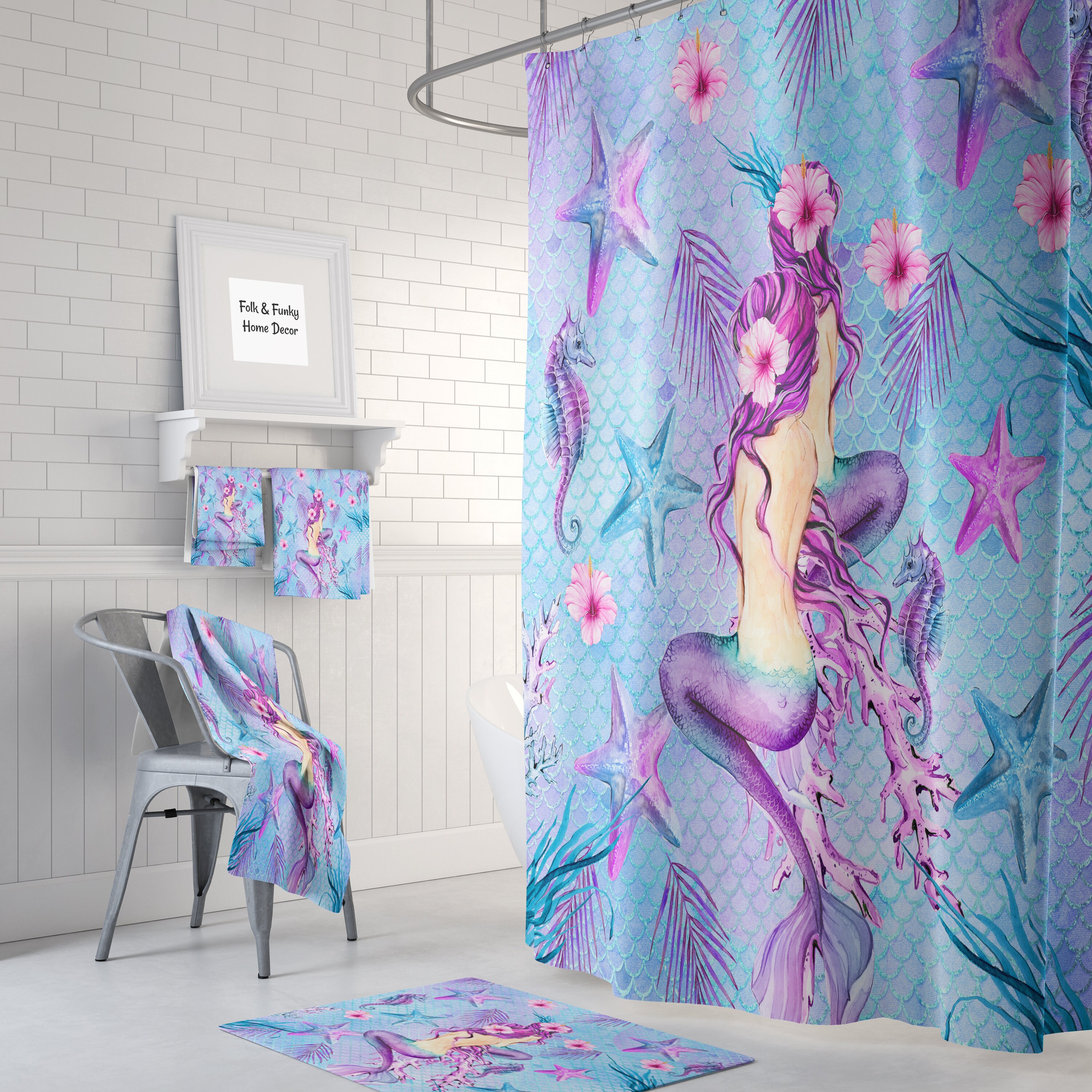 Mermaid Shower Curtain, Purple Shower Curtain, Mermaid Bathroom Decor | luxury shower curtains