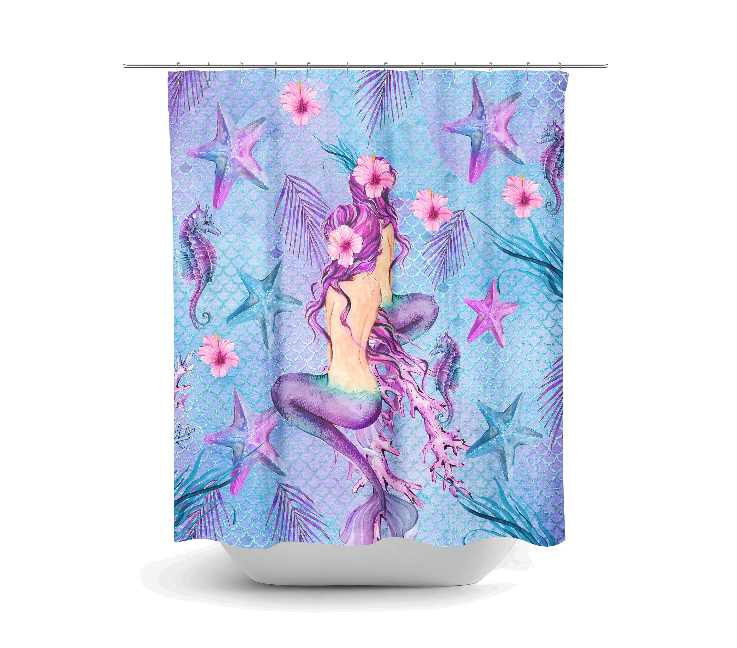 Mermaid Shower Curtain, Purple Shower Curtain, Mermaid Bathroom Decor | luxury shower curtains - Image 2