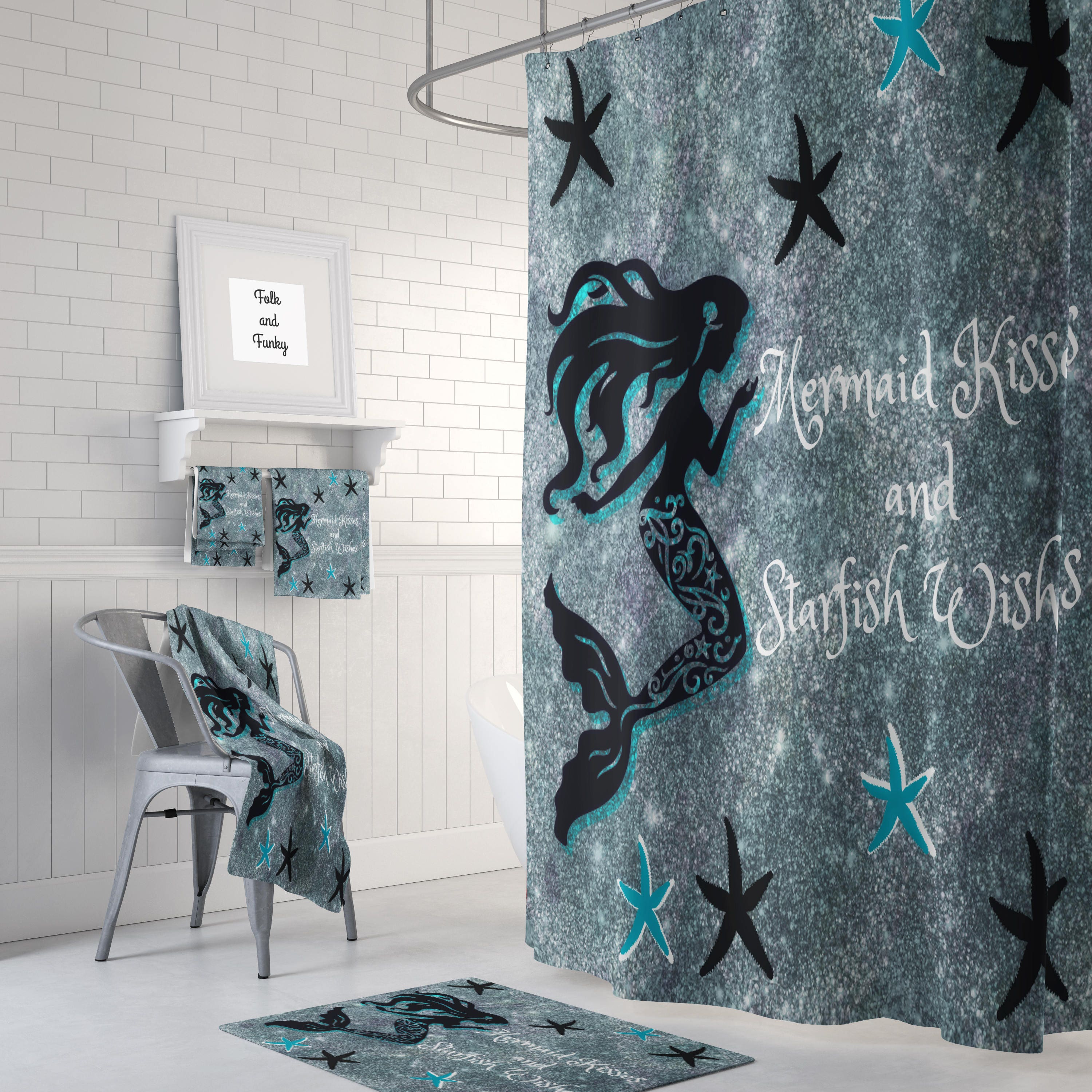Mermaid Wishes and Starfish Kisses Shower Curtain with Optional Bath Set, Make Your Bathroom Magical