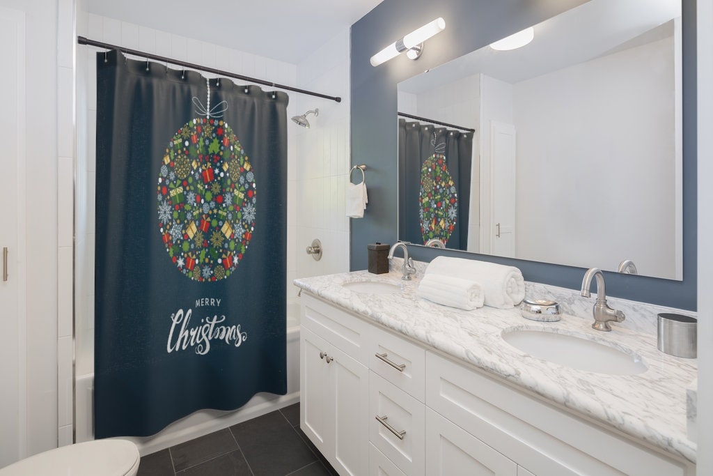 Merry Christmas Ornament Shower Curtain | Holiday Bathroom Shower Curtain | Luxury Shower Curtain | Housewarming Gift - Image 2