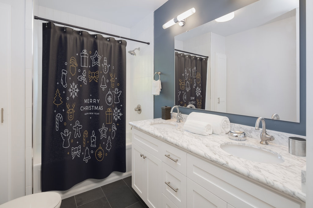 Merry Christmas and Happy New Year Shower Curtain | Holiday Bathroom Shower Curtain | Luxury Shower Curtains - Image 2